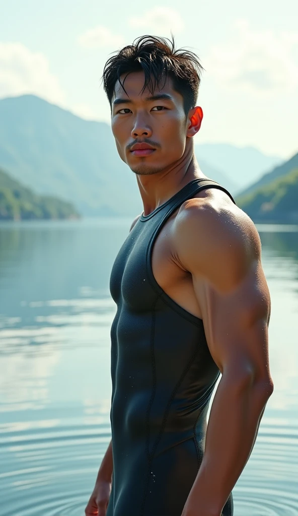 1man, japanese dilf, vice principal, 50yo, black hair, short hair, center parted bangs, handsome, smart ellipse face, middle-muscular, beautiful detailed eyes, dandy, gentle, ikemen, baby face, stocky waist, super detailed skin, BREAK peeping photo, big bulge, black tiny speedo swimsuit, topless, fullbody, solo focus, hair flip, drenched skin, wet hair, dusk, seaside, from side, 8k, sharp vision, extreme all detailed