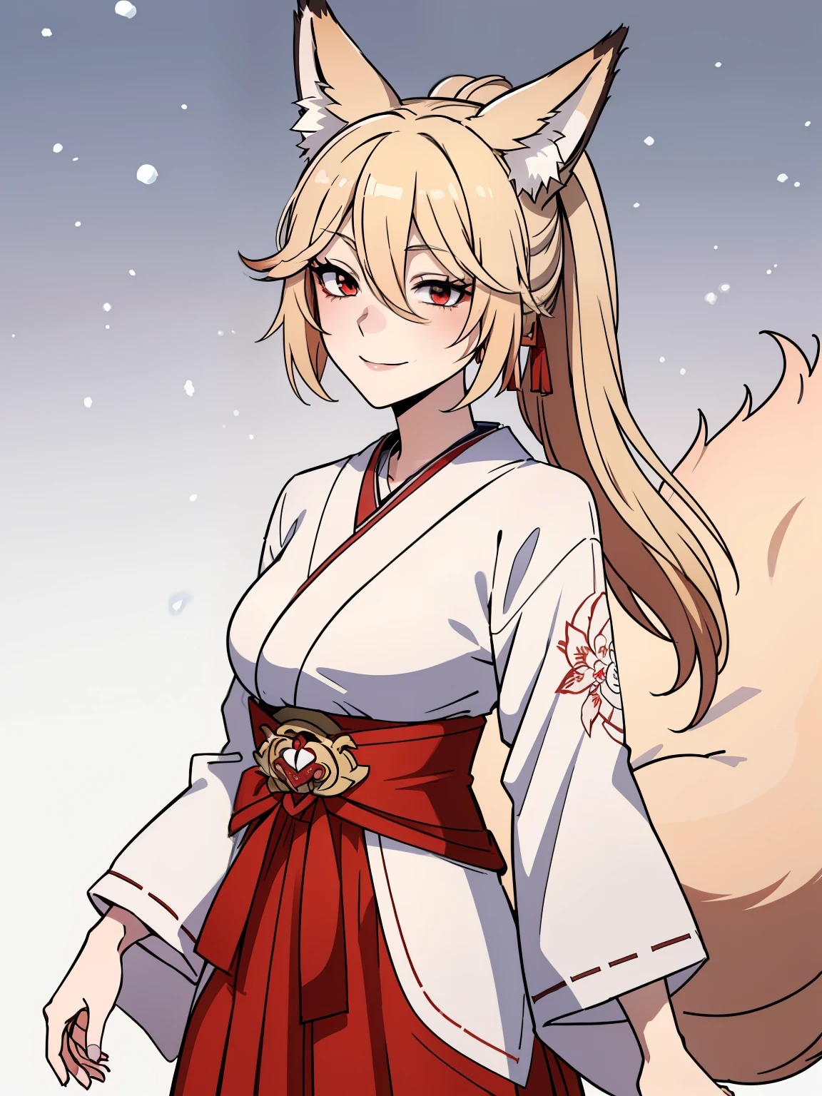 (high-quality, breathtaking),(expressive eyes, perfect face) 1girl, female, solo, red eyes, positive expresion, portrait, symmetrical eyes, neutral, kimono, mature, adult, half open eyes, elegent, long hair length, medium breasts, snow, falling snow, charming smile, patterned kimono, upperbody, enchanting, alluring, seductive, hands down, left bands, red sash, blue ribbon, shrine maiden, japanese, kimono, pure white kimono, red trim, long sleeves, red hakama, charming smile, fox ears, fox tail, kitsune, red eyes, blonde hair, ponytail, fugue, fox ears, 1tail,