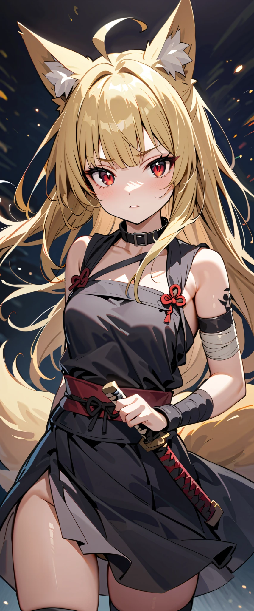 (high-quality, breathtaking),(expressive eyes, perfect face) 1girl, female, solo, maomao, cowboy shot, medium full shot, blonde hair color, alluring red eyes, long hair, flat chested, small breasts, small stature, fox ears, fox tail, small Ahoge, kunoichi attire, kunoichi outfit, shinobi, shinobi aesthetic, japanese shinobi, Armor on arm, (katana), looking towards viewer, HD, High quality image, dusty particles floating around, black choker, black collar with spikes, goth girl, goth aesthetic