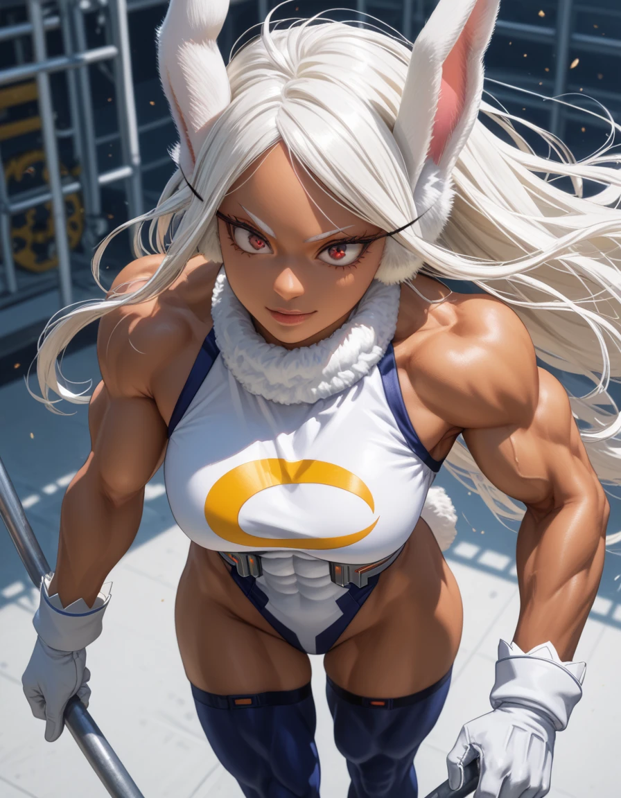 [Miruko; Boku no hiro academia], ((solo portrait)), ((High definition)), ((anime)), ((Kohei Horikoshi)), ((raytracing)), ((detailed shading)), ((cinematic lighting)), {Miruko; (tanned skin, maroon eyes, long white hair, long white bunny ears, small fluffy white bunny tail, maroon eyes, large boobs), (white leotard; yellow crescent moon on chest, purple lining, grey plating, hero costume, white gloves), (purple thigh highs), (smug smile), (athletic body; defined abs, defined leg muscles, defined arm muscles), (thicc)}, ((squatting; on top of skyscraper, looking at viewer, dynamic pose), hand on ground, looking at viewer), [Background; (outside daytime; city; skyscrapers)]