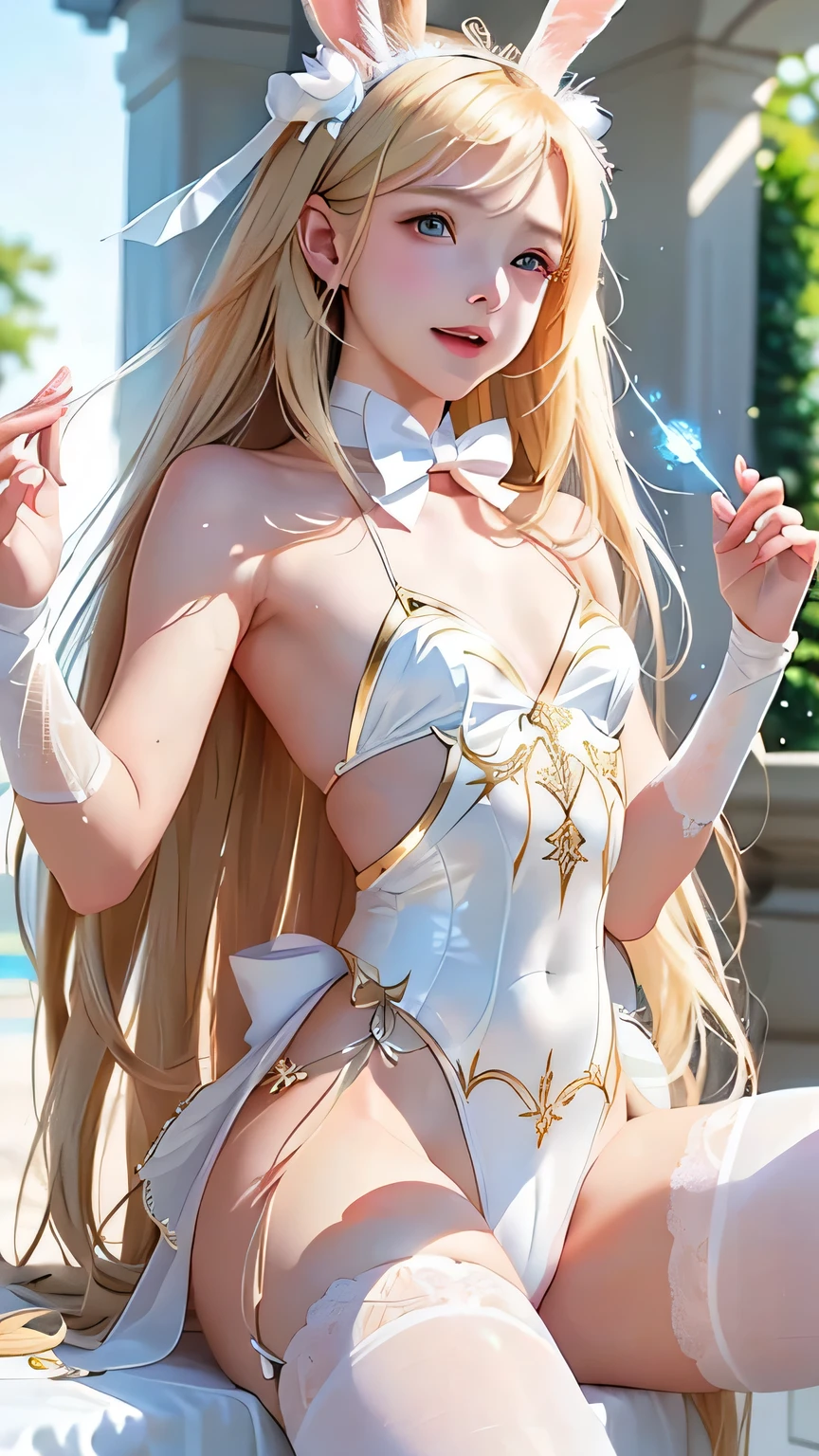 top-quality、extremely delicate and beautiful、Soio、Soio、Girl in her late teens、Englishman、((High-leg white leotard))、blonde hair、With blue-green eyes、Clear々and beautiful girls、His facial features are elegant.、royalty、A queen、Blonde hair that grows to the waist、is standing、Full body view