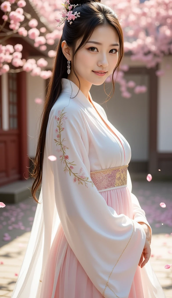 A 20-year-old Chinese woman, stunningly beautiful like a historical drama heroine, is posing for photos in a Douyin-style setting. She is wearing an exquisite hanfu outfit, featuring a long, flowing robe with wide sleeves adorned with intricate floral embroidery, paired with a layered skirt that sways gently in the breeze. Her long, jet-black hair is elegantly tied up in a high bun, accessorized with sparkling hairpins and delicate artificial flowers. Her face is delicate, with large, luminous eyes and naturally rosy lips. She stands in a classical setting, perhaps a garden filled with blooming cherry blossoms or an ancient temple, gracefully posing with soft, elegant movements. The lighting is gentle, creating a dreamy atmosphere, as if she has stepped out of a Chinese historical drama.  

**Additional Suggestions:**  
- Add sparkling light effects or floating petals around her to enhance the romantic vibe.  
- Her expression could be a soft smile, a dreamy gaze, or an emotional look.  
- The image style should be soft and delicate, with a color palette that blends classic and modern aesthetics.