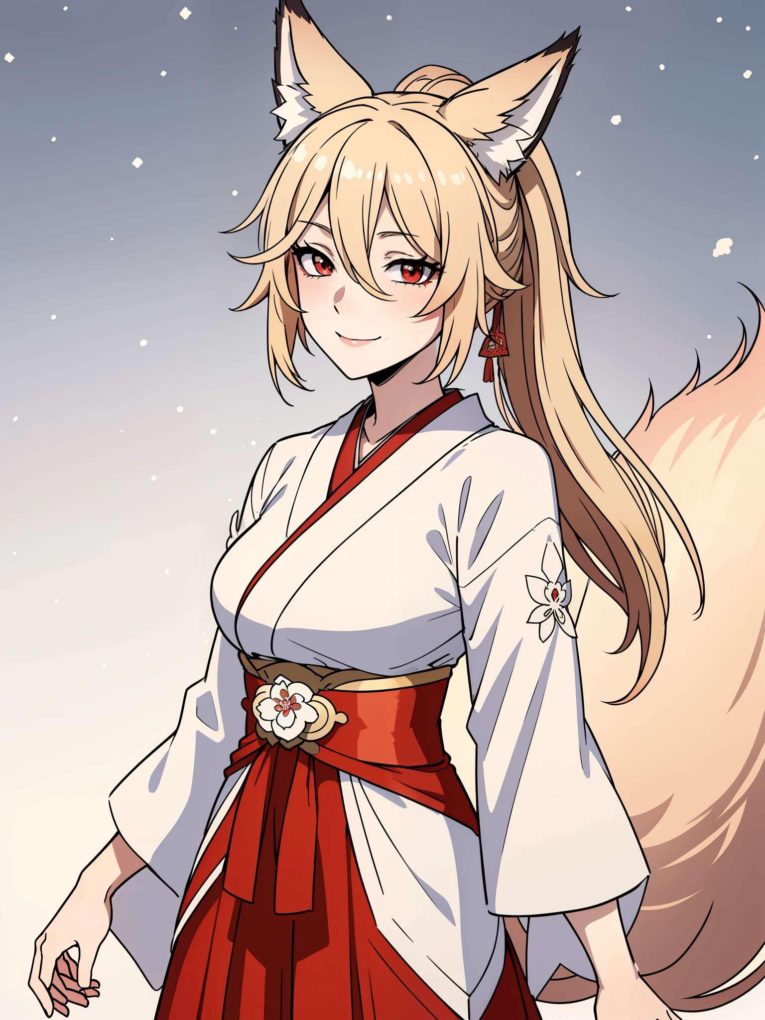 (high-quality, breathtaking),(expressive eyes, perfect face) 1girl, female, solo, red eyes, positive expresion, portrait, symmetrical eyes, neutral, kimono, mature, adult, half open eyes, elegent, long hair length, medium breasts, snow, falling snow, charming smile, patterned kimono, upperbody, enchanting, alluring, seductive, hands down, left bands, red sash, blue ribbon, shrine maiden, japanese, kimono, pure white kimono, red trim, long sleeves, red hakama, charming smile, fox ears, fox tail, kitsune, red eyes, blonde hair, ponytail, fugue, fox ears, 1tail,