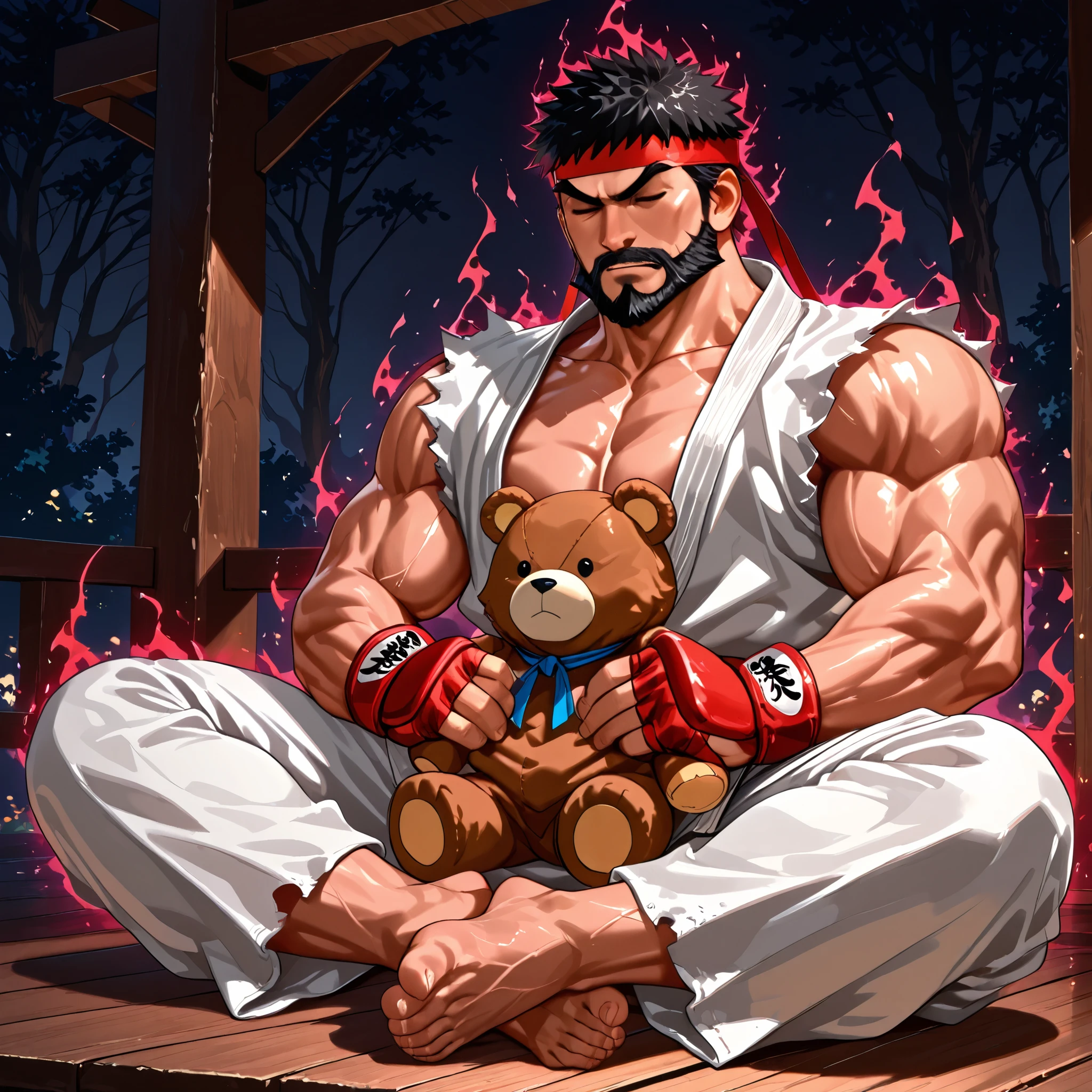 1boy,1Plush Toy ... ((Red dark aura on Ryu's body)),((A blue large stuffed bear)).closed eyes,Street fighter Ryu is sitting zazen. practicing Zen meditation.,. A stuffed animal is placed on a man's leg.The atmosphere is austere,Ryu,. Beard. black hair,Ragged white karate uniform. A training place deep in the mountains.big Stuffed animal sitting on leg,Active angle. Dynamic composition,, outdoors. Calm, dark background..Red dark Aura on Ryu's body.xss, Body soiled by training.Pectoral muscles.. Red dark aura