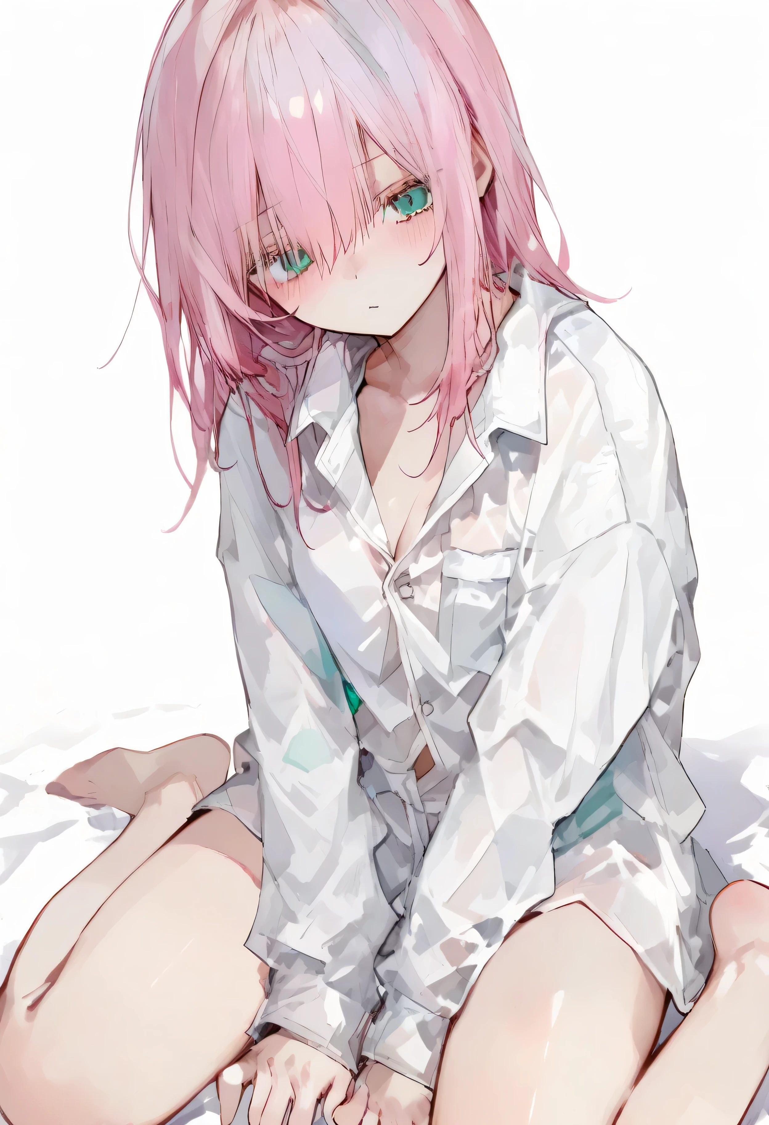 748cmstyle,white background,pink hair,aqua eyes,naked dress shirt,hair between eyes,wariza