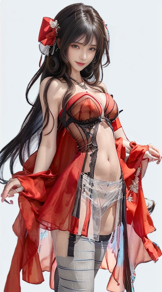 gorgeous black haired sorceress, red see through dress, legslit, deep v-neck, green thong, blank background, white background, nipples
