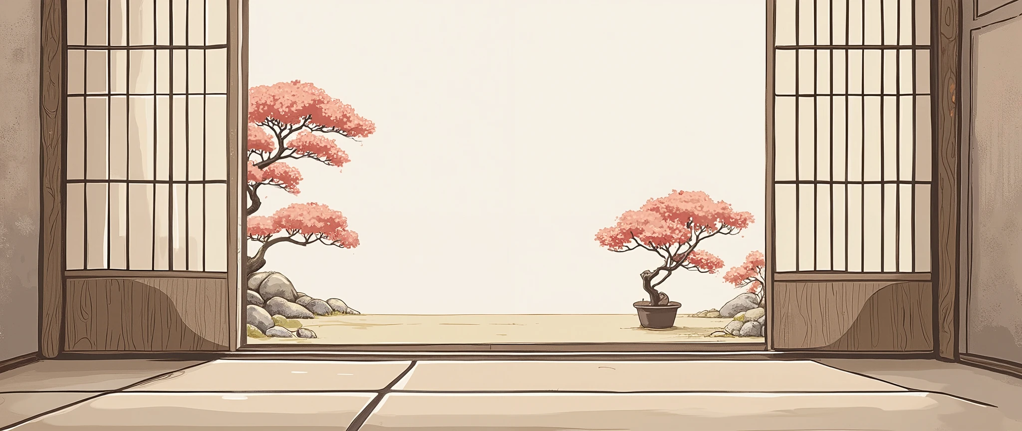 illustration in soft colors predominating , minimalism of a Japanese style living room with window to see the minimalist Japanese garden with bonsai trees, the stage evokes energy and elegance