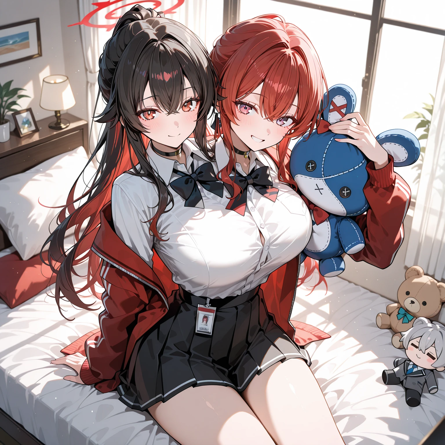 (masterpiece, best quality:1.2), 1girl, ((best quality)), ((masterpiece)), (detailed), perfect face, black long hair, black eyes, white shirt, with jacket, big chest, red skirt, thighhighs, black shoes, dead pan look,