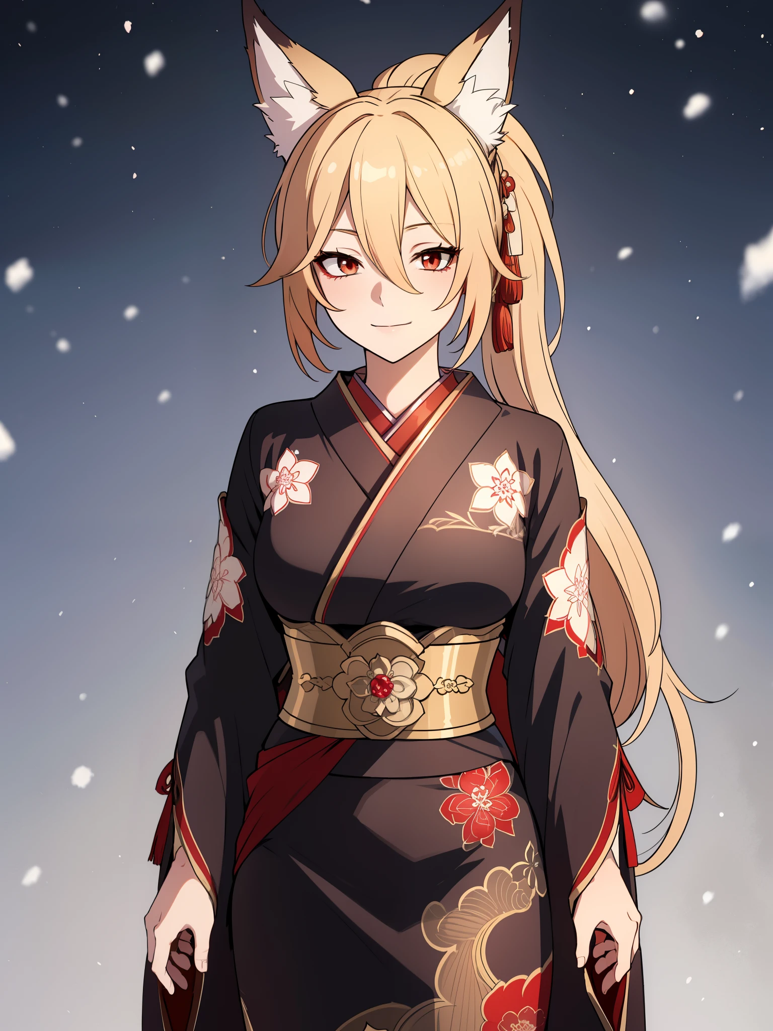 (high-quality, breathtaking),(expressive eyes, perfect face) 1girl, female, solo, red eyes, positive expresion, portrait, symmetrical eyes, neutral, kimono, mature, adult, half open eyes, elegent, long hair length, medium breasts, snow, falling snow, charming smile, patterned kimono, upperbody, enchanting, alluring, seductive, hands down, left bands, red sash, blue ribbon, , japanese, kimono, black kimono, red trim, long sleeves, charming smile, fox ears, fox tail, kitsune, red eyes, blonde hair, ponytail, fugue, fox ears, 1tail,