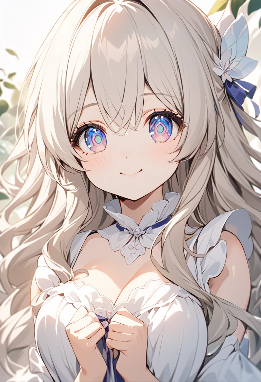 beautiful girl, Long white hair, Beautiful Face,smile,Close up to the hips, Beautiful breasts, In the middle of the flower garden, Wearing a beautiful wedding dress, (Open your mouth:0.4),figure,Detailed Texture(Realist),Very detailed,Portrait Style,Vibrant colors,Soft lighting, blush, mature, Hair fluttering, Evening Light , head band, Keyhole Crack , No bra
