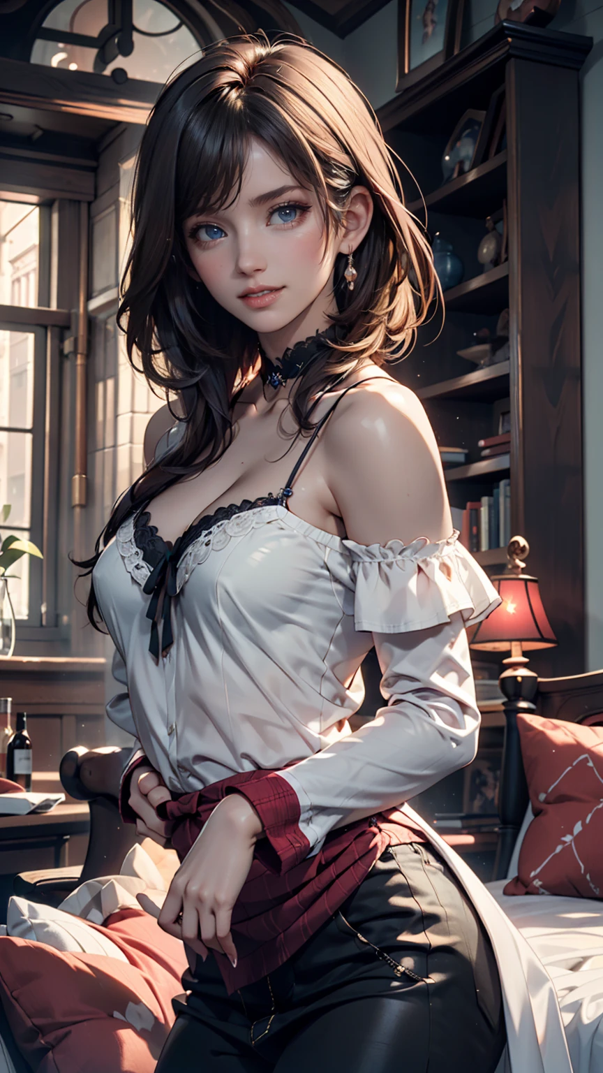 Selfie viewpoint、24-year-old woman、Attractive Young Woman, (Beautiful Face:1.1), Detailed eyes, Seductive lips, (eye make up:1.2), (Medium chest:1.0), (Toned body:1.2), Sexy proportions、Narrow waist、Emphasize cleavage on the chest、Chest(Nipple swelling emphasis)、Off-the-shoulder summer dress(Mini length)、Stiletto heels