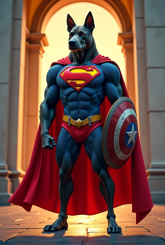 realistic fursuit fox male looking at the viewer (sexy Superman cosplay),Cityscape, New York background at night on top of a building with a beautiful full moon.(muscular) (3D model) Unreal Engine 9
