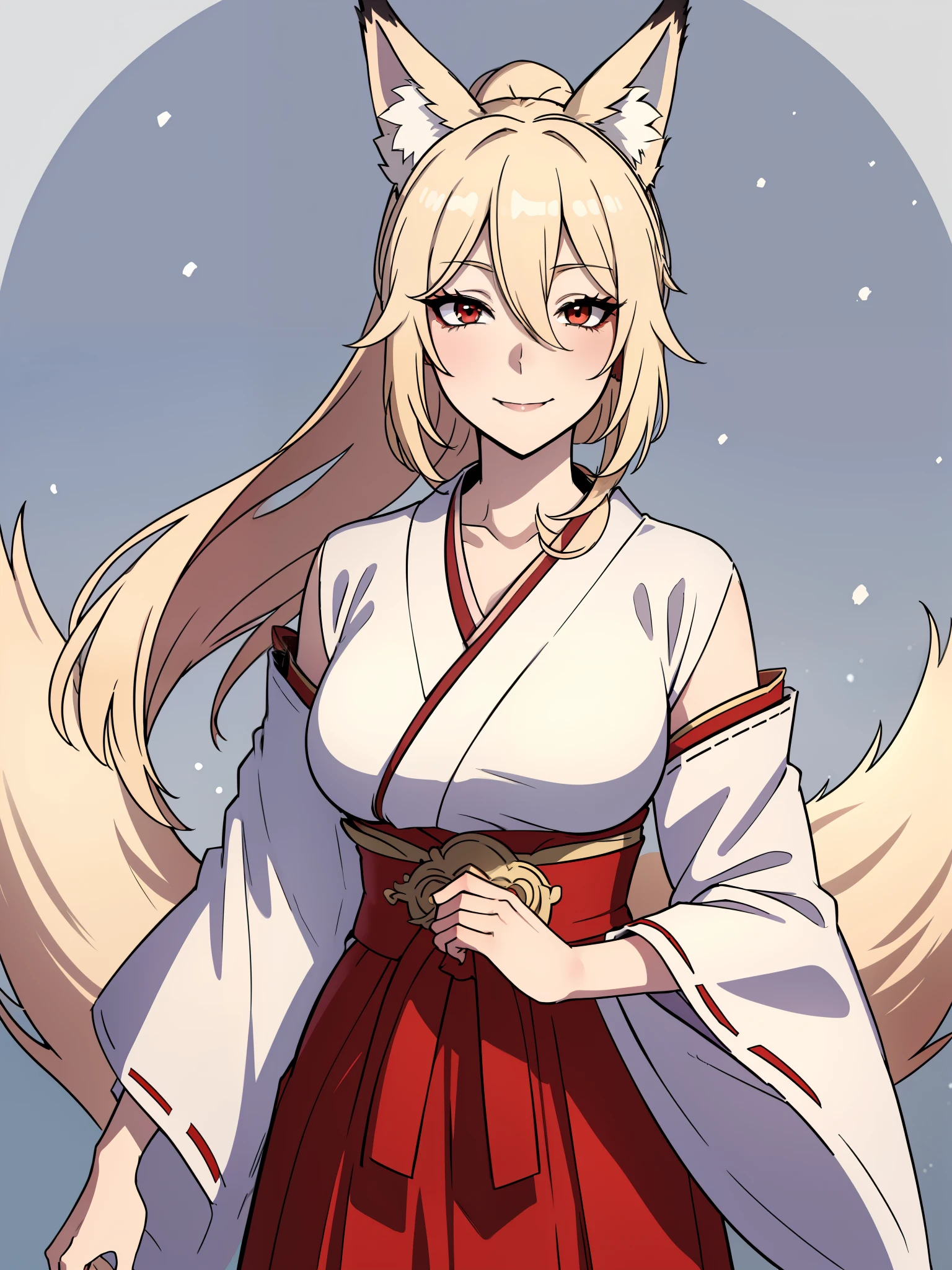 (high-quality, breathtaking),(expressive eyes, perfect face) 1girl, female, solo, red eyes, positive expresion, portrait, symmetrical eyes, neutral, kimono, mature, adult, half open eyes, elegent, long hair length, medium breasts, snow, falling snow, charming smile, patterned kimono, upperbody, enchanting, alluring, seductive, hands down, left bands, red sash, blue ribbon, , japanese, kimono, black kimono, red trim, long sleeves, charming smile, fox ears, fox tail, kitsune, red eyes, blonde hair, ponytail, fugue, fox ears, 1tail, paper fan, shinto shrine, lanterns