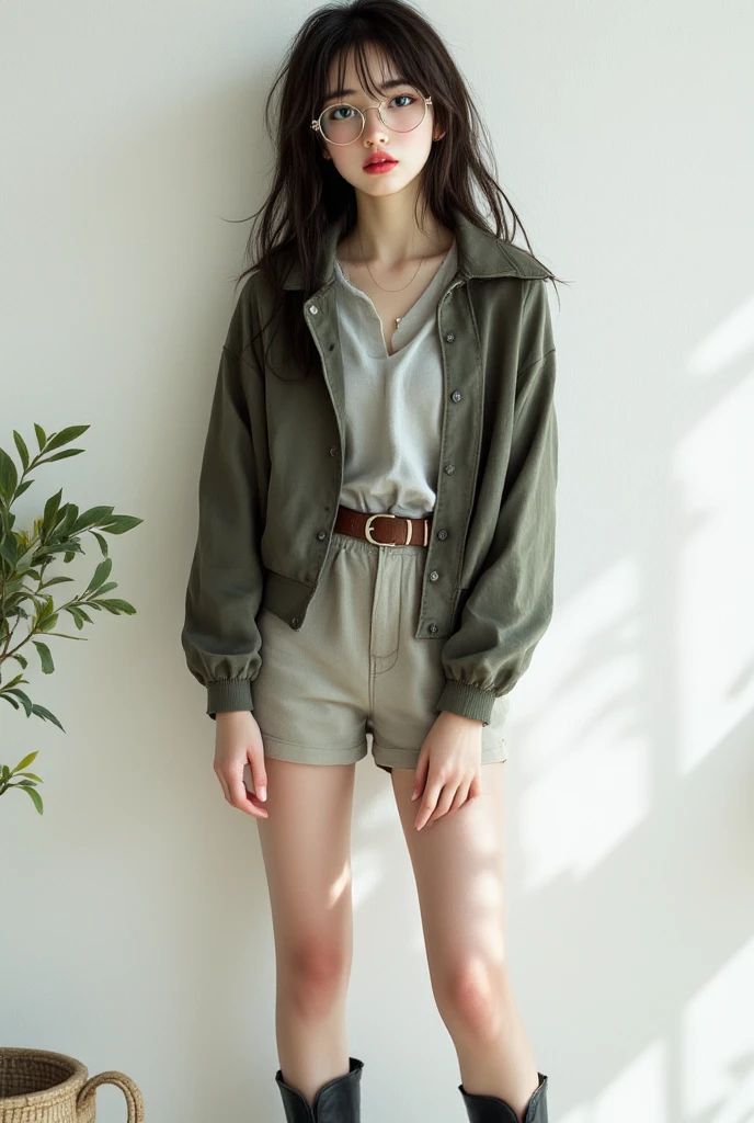 ((top quality)), ((傑top quality、masterpiece、High sensitivity、High Resolution、detailed depiction、delicate face depiction)),（Slender Woman、Wear glasses and、)Short jacket、Culottes、Pecos boots、Looking at 、