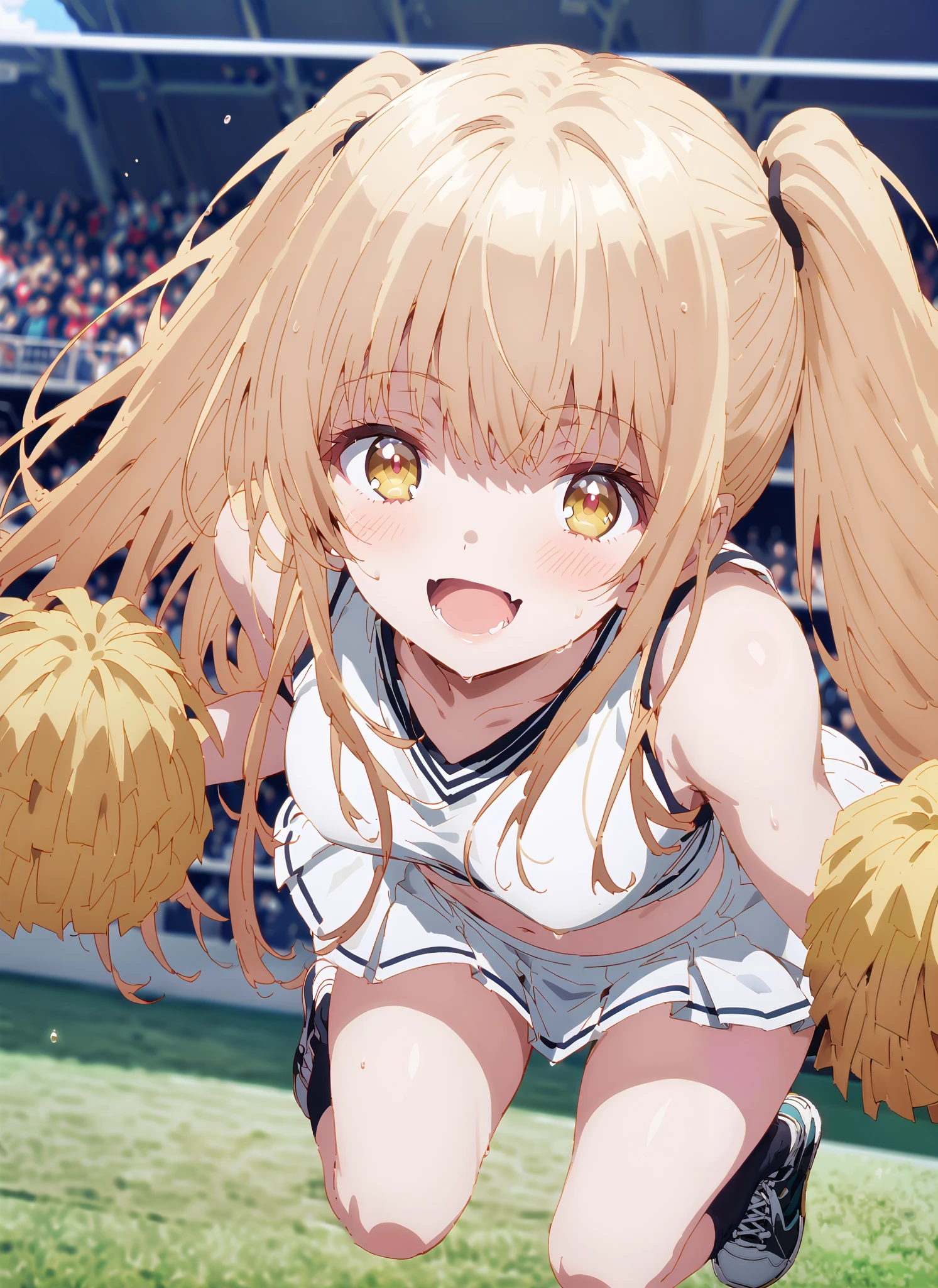 score_9, score_8_up, score_7_up, source_anime,
It's so dizzying, Mahiru Shiina, bungs, blonde hair, brown hair, yellow eyes,smile,blush,open your mouth,,(cheerleading), (full body), on chest, (semen), semen Wet Clothes, (white clothes),sleeveless, pleated skirt,black socks,sneakers,belly button sticking, playground, (jump), (jump),and raise both arms, 両足を曲げてjumpする, , blue sky, Compa, smile,cheerleader with radiant skin, Pom-pom \(cheerleading\) real hair ornaments,break looking at viewer,full body,
break outdoors,Stadium,
break (masterpiece:1.2), best quality, High Resolution, Unity 8K Wallpaper, ( illustration of a woman with a penis :0.8), (Beautiful Detailed Eyes:1.6), very detailed face, perfect lighting, very detailed CG, (perfect hands with full nudity, perfect anatomy),
