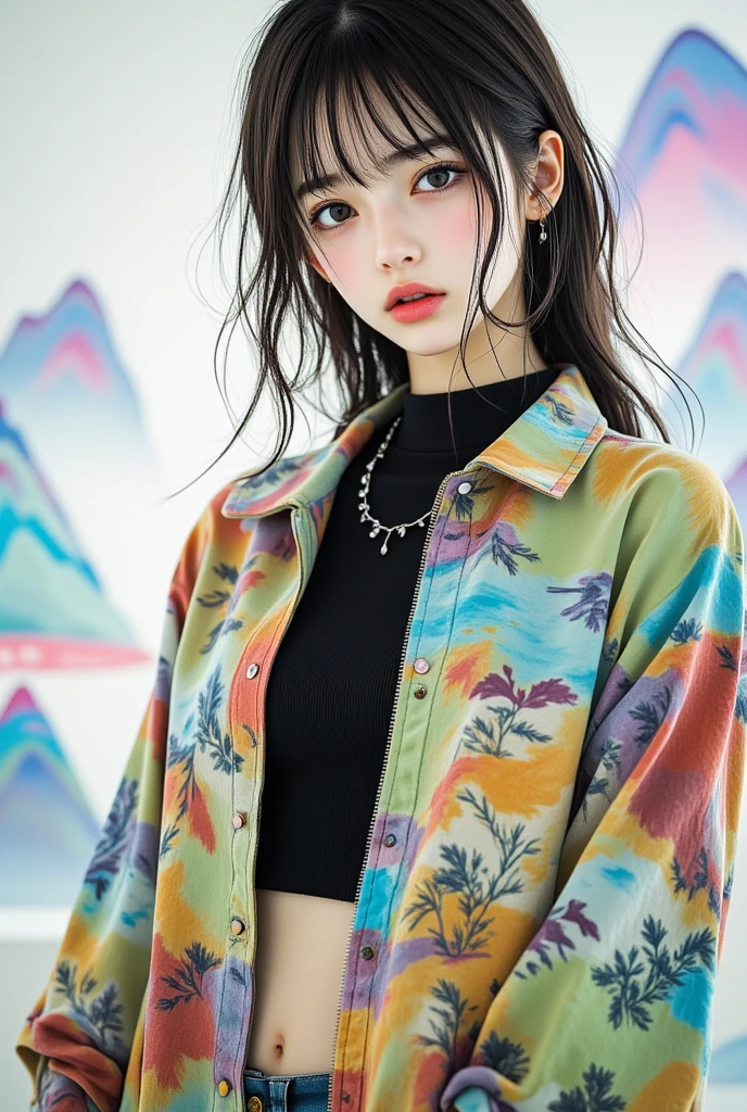 one-girl,Girl in fashion sweatshirt long dress front poster,The colors of the clothes are bright and simple,Cute, Very aesthetic,Realistic style anime,ssmile,self-assured,tmasterpiece,HighestQuali,8K,Put your hands in your pockets