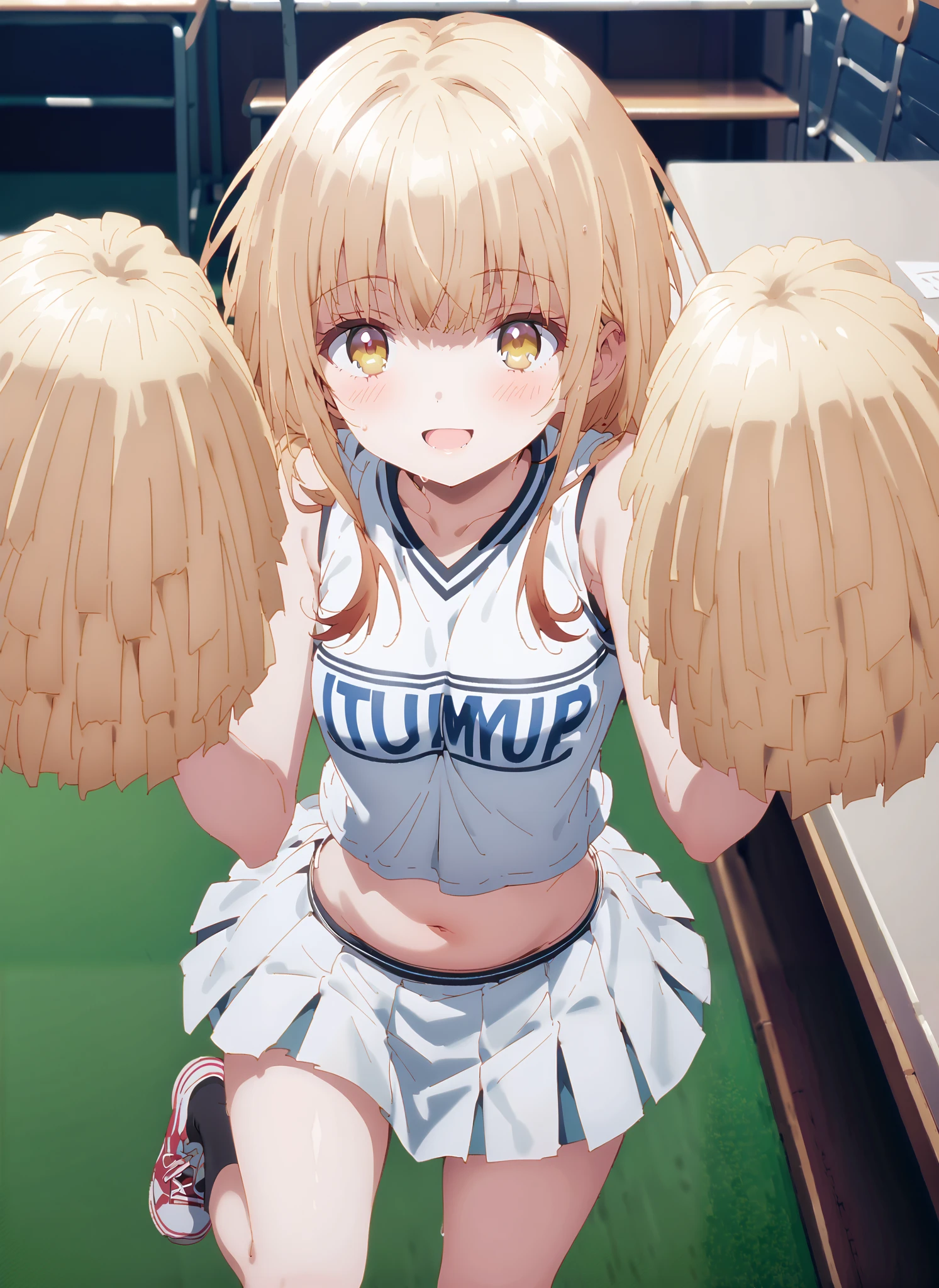score_9, score_8_up, score_7_up, source_anime,
It's so dizzying, Mahiru Shiina, bungs, blonde hair, brown hair, yellow eyes,smile,blush,open your mouth,,(cheerleading), (full body), on chest, (semen), semen Wet Clothes, (white clothes),sleeveless, pleated skirt,black socks,sneakers,belly button sticking, playground, (jump), (jump),and raise both arms, 両足を曲げてjumpする, , blue sky, Compa, smile,cheerleader with radiant skin, Pom-pom \(cheerleading\) real hair ornaments,break looking at viewer,full body,
break outdoors,Stadium,
break indoors, classroom,
break looking at viewer,
break (masterpiece:1.2),top quality , kampala, Unity 8K Wallpaper ,(shape:0.8),( fine, beautiful eyes :1.6),It's a person ,full body写真,CG Details , (perfect hands with full nudity,complete anatomy),