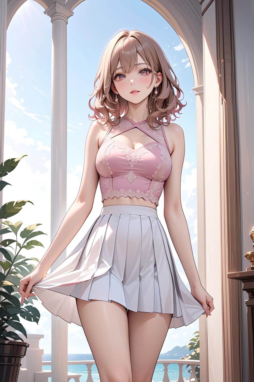 (8K high resolution),(Highest quality),(RAW quality),(Cowboy Shot:1.5),(Realistic, Realistic:1.37),Very detailed,One Girl,(Very detailedな),(Big eyes),(Highest quality),(Very detailed ),(masterpiece),(Detailed face),13 years old,1 girl,(Center of chest:1.5),(Skinny girl:1.6),(Baby Face:1.5),(Young Body:1.5),(Oily and shiny skin:1.5),(13 years old middle school student:1.5),(Short Woman:1.3),((close)), (With a girl:1.2), (Black-haired, Shortcuts:1.3), (Dynamic pose:1.2),Plump and glossy lips, Beautiful and clear eyes, (The best smile), Voice of the Heart, (Perfect hands:1.2), (Pink and white theme:1.5), (fake pink cat ears:1.4), (Tweed pink strapless short camisole、With lace-up:1.4), ((Expose your shoulders, belly button, Bare Belly):1.3), (With rufflesショルダーストラップ:1.4), (Tweed micro pink tiered skirt(With ruffles):1.4), (White Pantyhose:1.2), (Pink choker with bell:1.3), (Bell earrings:1.2), (Pink heel pumps:1.1),Low angle shot, Tabletop,Highest quality,Very detailed, masterpiece,Low angle shot, Tabletop,Highest quality,Very detailed, masterpiece,