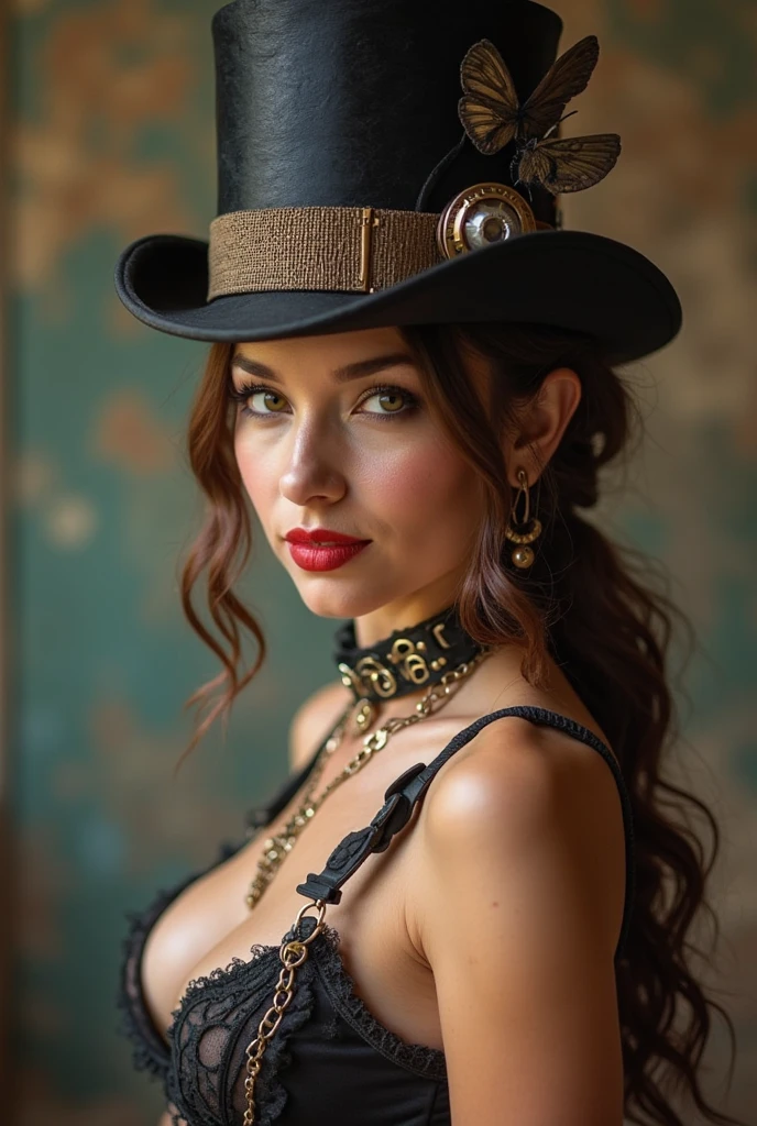 Imagine Laurence Bedard, with her radiant eyes, dressed in a sleek, black mesh dress that flows with her every move. The steampunk boots add that touch of rugged elegance, and the detailed gears and cogs in the background create a perfect contrast, all in stunning 4K resolution.