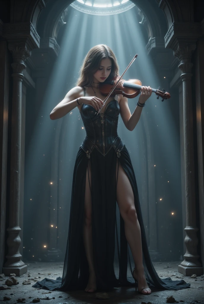 best quality,masterpiece,Ultra-high resolution,(photoactual:1.4),Fantasy,night,Moonlight,European style,Heaven,patio,pool,A 20-year-old,beauty,grace,Female angels,Long hair above waist,Elegant clothing,Large wing,坐在pool旁,Hand playing violin,