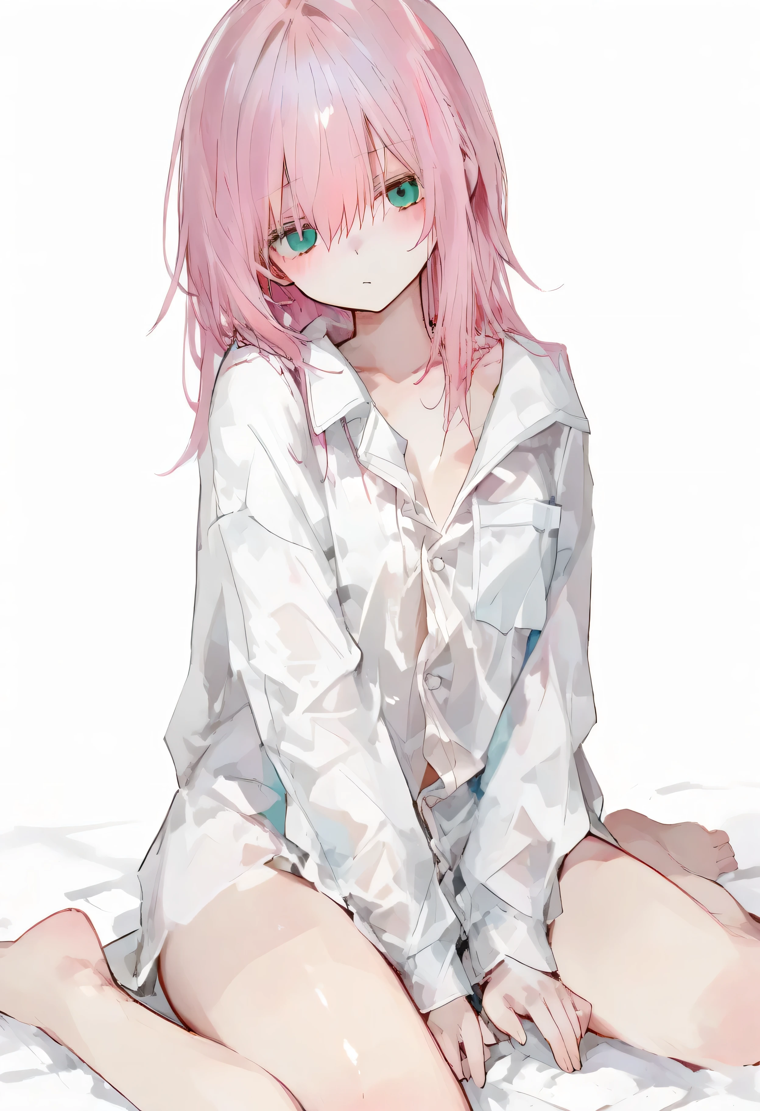 748cmstyle,white background,pink hair,aqua eyes,naked dress shirt,hair between eyes,wariza