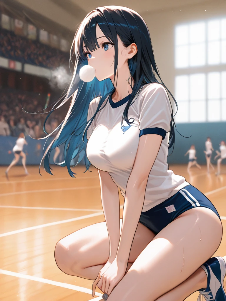 top-quality、Full limbs、complete fingers、one beautiful women、Beautiful Large Breasts、Medium Hair、poneyTail、A dark-haired、(blue volleyball uniform:1.3)、Blue bloomers、Bold sexy poses、 Face full of scars、Skin shiny with sweat、 injured scared girl、 crying wet bursting out eyes, real tears streaming down face, ultra-detailed eyes,bandaid on face,covered with mud,expression of despair,Illumination that emphasizes shiny sweat{{{Spread }}},(crotch rope walking:1.0)、20 years girl、Gymnasium、Volleyball Court、volley,