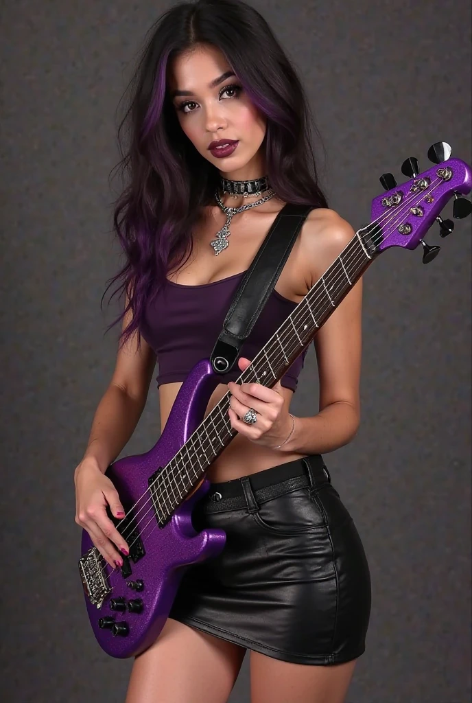 full-body portrait of a very slim 20-year old, hot and Beautiful blonde European green eye, lady, ((bass guitarist:1.4)) with white intricate skin, ((walking on the stage of a rock concert in her black spaghetti top and leather short skirt:1.25)) in great smile. ((Her hands are playing her purple shiny 5-string bass guitar:1.35)) vigorously and perform like mad on the stage. red Pantyhose. Background: A cool rock band with drummers and guitars and lots of amplifiers. Realistic, 4K, top quality photograph. Detailed skin and face. necklace, bracelet, and all kinds of possible gothic and punk decoration and makeup. Big breasts. 36F cup.