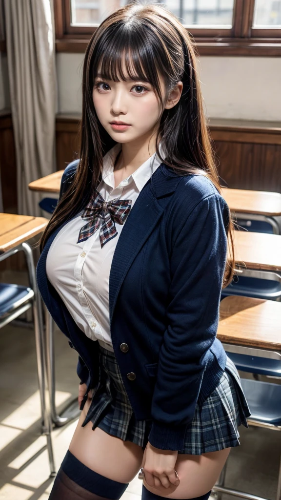 masterpiece, best quality, illustration, Super detailed, fine details, High resolution, 8K,wall paper, perfect dynamic composition,(Details High quality, realistic depiction of eyes:1.3), High School Classroom、High school girl uniform、Cardigan、Super Short Check Uniform Skirt、Navy blue high socks、garterbelts、Colossal tits、Disturbed uniform、, black hair color, Big Natural Color Lip, bold sexy pose, (perfect body shape), crying a little、cold gaze, Harajuku style、20 year old girl、cute type, beautiful legs, hposing Gravure Idol, Voluptuous thighs, (woman on top, from behind, straddling, sitting, heart shaped pupils)