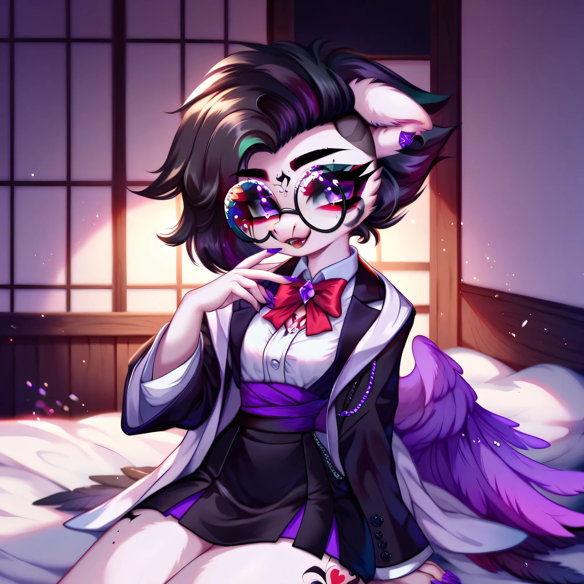 furry, white coat color, , girl, extra large black round glasses, short hair, Black hair turns purple, horn, pegasus wings, chest, waist, black skirt, Japanese clothes, white shirt, black blazer, red neck bow,soft black makeup, glittered ,succubus tattoo, black and purple manicure ,environment bed, Cute, soft character, sweet soft face, easy smile, sitting pose