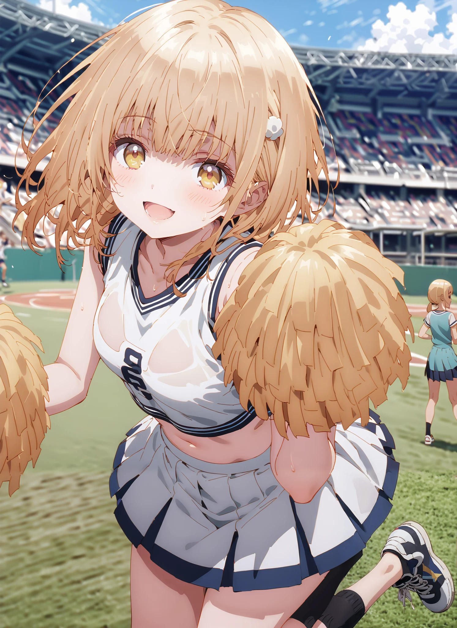 It's so dizzying, Mahiru Shiina, bungs, blonde hair, brown hair, yellow eyes,smile,blush,open your mouth,,(cheerleading), (full body), on chest, (semen), semen Wet Clothes, (white clothes),sleeveless, pleated skirt,black socks,sneakers,belly button sticking, playground, (jump), (jump),and raise both arms, 両足を曲げてjumpする, , blue sky, Compa, smile,cheerleader with radiant skin, Pom-pom \(cheerleading\) real hair ornaments,break looking at viewer,full body,
break outdoors,Stadium,
break (masterpiece:1.2),top quality , kampala, Unity 8K Wallpaper ,(shape:0.8),( fine, beautiful eyes :1.6),It's a person ,full body写真,CG Details , (perfect hands with full nudity,complete anatomy),
