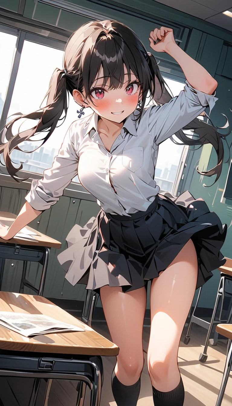 brown hair、looking at the viewer suspenders Bulging big breasts Black miniskirt garter belt knee high socks Gaze small face bangs Beauty hands up Gaze black boots provocation armpit sweat one person put your hands behind your back cutter shirt Panty shot