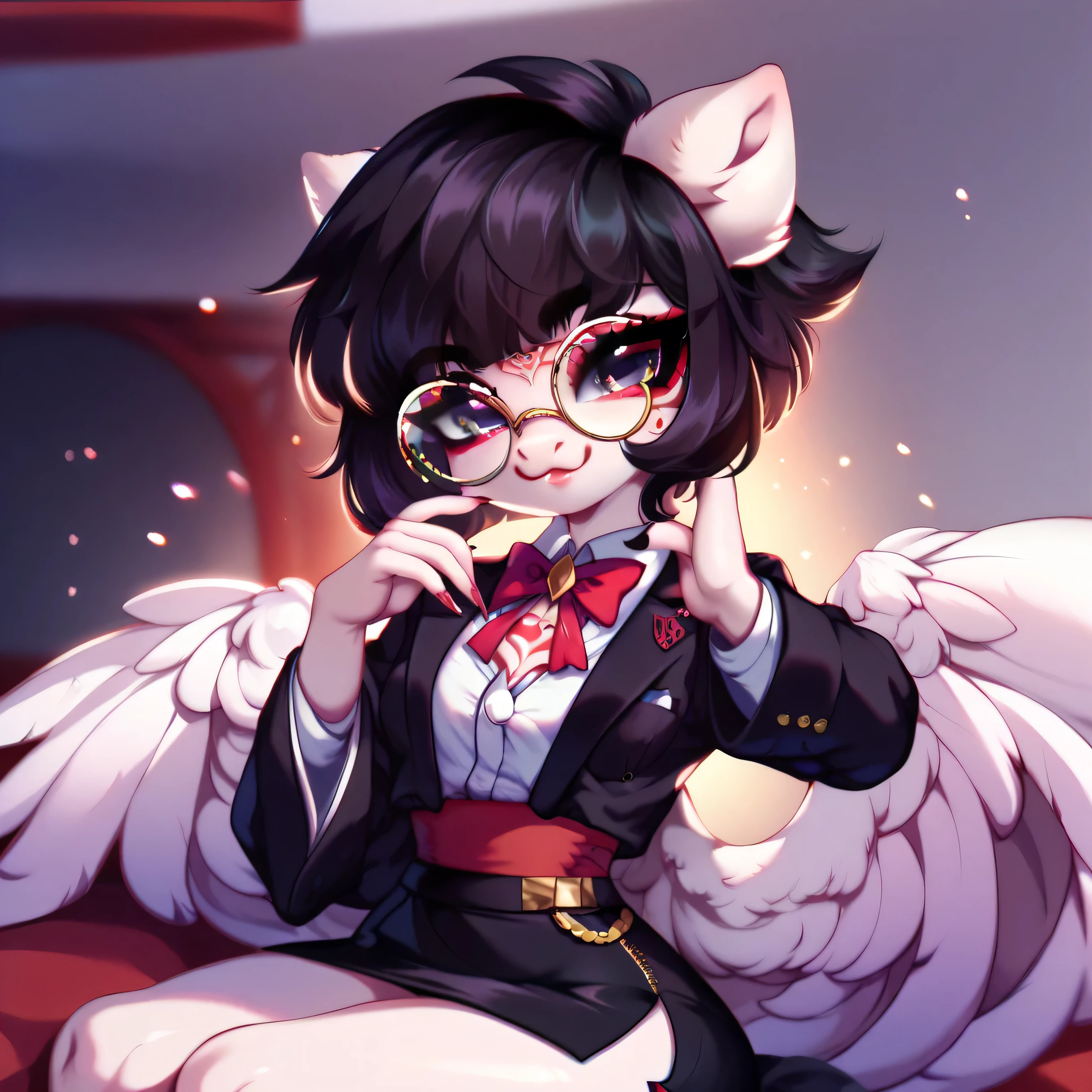 furry, white coat color, , girl, large round glasses, short hair, Black hair turns purple, horn, pegasus wings, chest, waist, black skirt, Japanese clothes, white shirt, black blazer, red neck bow, succubus tattoo, environment bed, Cute, soft character, sweet soft face, easy smile, sitting pose