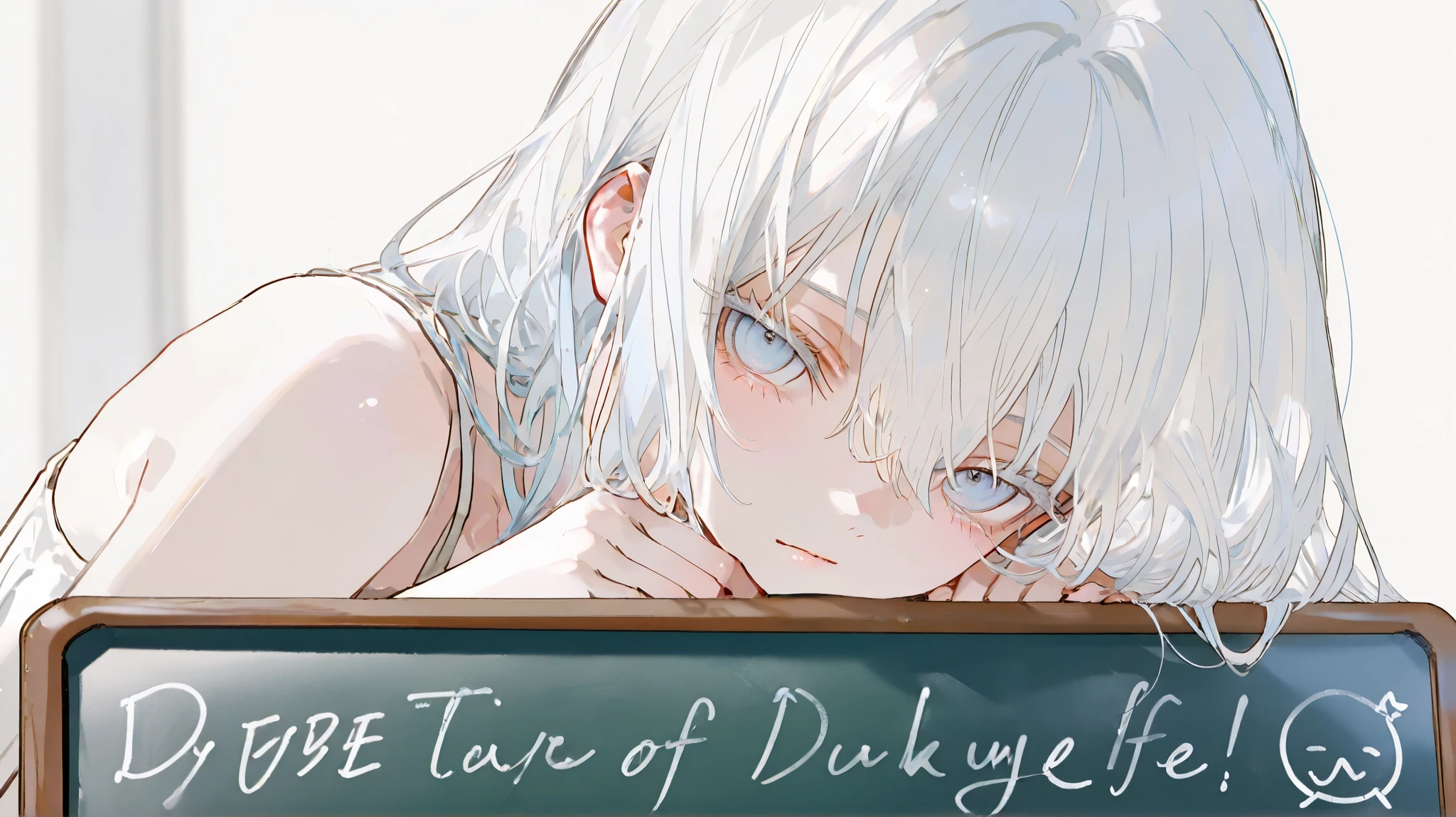masterpiece、 best quality、Good quality、 average quality 、 very detailed、 very beautiful、 absurd、 blurry background、 depth of writing、 natural light、 soft writing 、Good move 、 detailed eyes drawn on the board、 detail hair 、 sensitive、hidden hair、Alone、 is staring at the viewer ,white hair ,light blue eyes ,White eyelashes ,white closes ,simple background