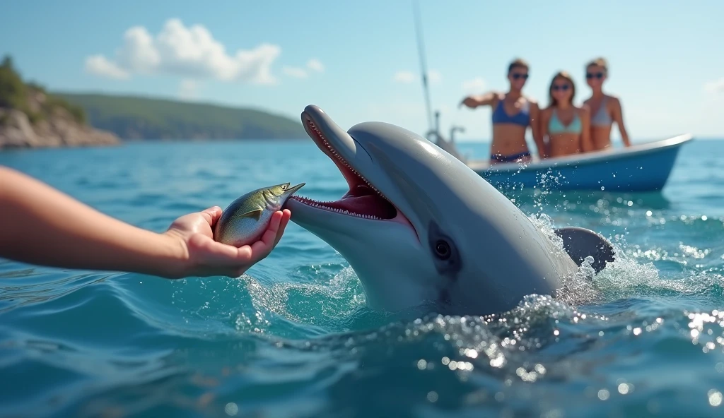 Dolphin refusing to eat fish、Man holding a fish in his hand