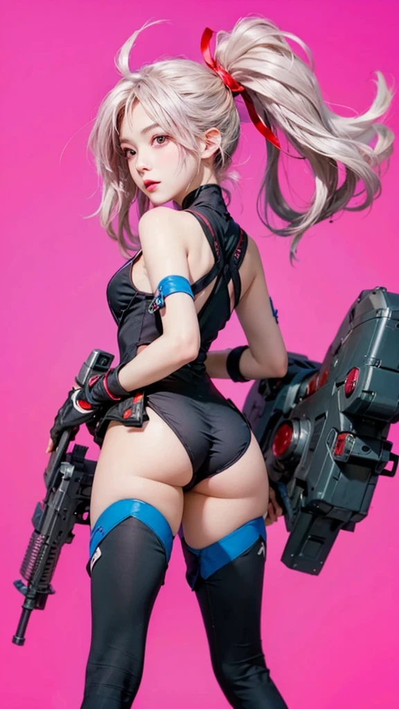 Girl with gun and black costume with gun, Fine details,Black latex leotard,a blond,(Black scrunchies on the arms),Bun Twin,Leather Black Belt,Leather holster,Black Gloves,A smile,(Brown eyes),８K,Live action