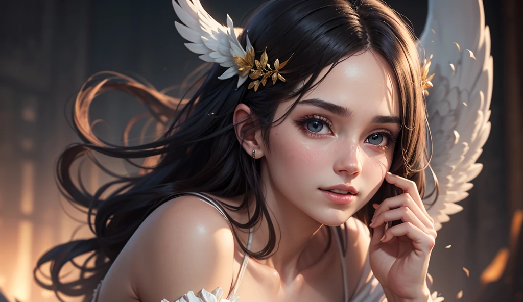 Ultra detailed professional photo of a woman, angelic, complex wings, beautiful face, high detail, realism, enchanting, sexy, plump, full body detail art close-up