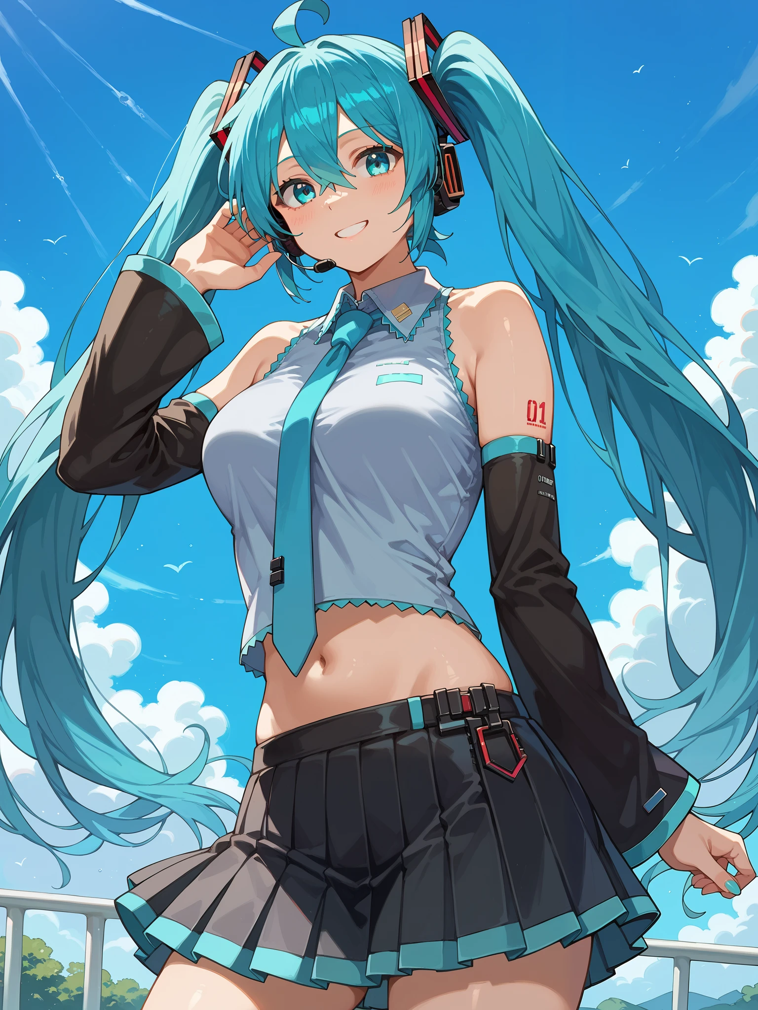 ,score_9,score_8_up,score_7_up,score_6_up,score_5_up,score_4_up,anime coloring,source_anime,anime coloring,(,solo, breasts,,miku hatsune, ahoge, aqua eyes, aqua hair, crossed bangs, hair between eyes, hair ornament, headphones, long hair, twintails, mature female, aqua necktie, black footwear, black skirt, black sleeves, boots, collared shirt, detached sleeves, grey shirt, necktie, pleated skirt,smoll shirt, skirt, sleeveless, sleeveless shirt,navel ,),smile、sexy pose,cowboy shot,blue sky