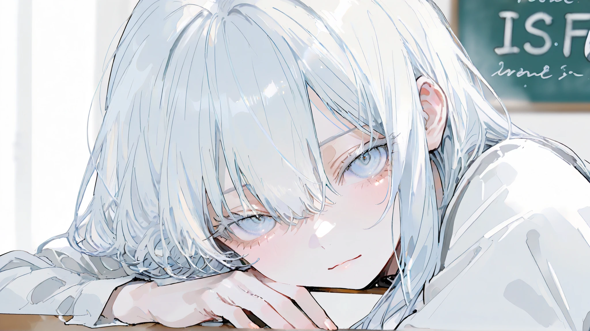 masterpiece、 best quality、Good quality、 average quality 、 very detailed、 very beautiful、 absurd、 blurry background、 depth of writing、 natural light、 soft writing 、Good move 、 detailed eyes drawn on the board、 detail hair 、 sensitive、hidden hair、Alone、 is staring at the viewer ,white hair ,light blue eyes ,White eyelashes ,white closes ,simple background