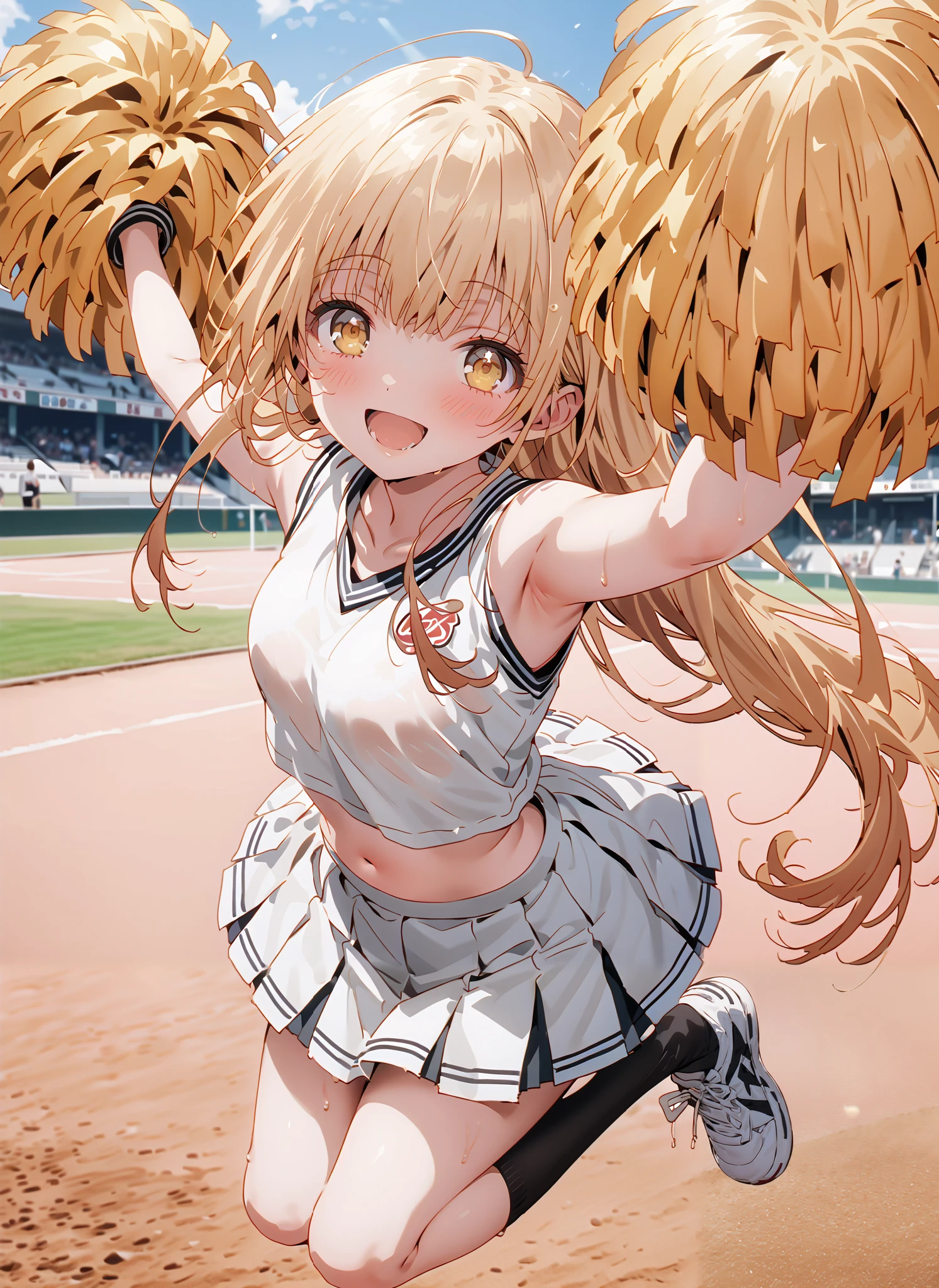 It's so dizzying, Mahiru Shiina, bungs, blonde hair, brown hair, yellow eyes,long hair,smile,blush,open your mouth,,(cheerleading), (full body), on chest, (semen), semen Wet Clothes, (white clothes),sleeveless, pleated skirt,black socks,sneakers,belly button sticking, playground, (jump), (jump),and raise both arms, 両足を曲げてjumpする, , blue sky, Compa, smile,cheerleader with radiant skin, Pom-pom \(cheerleading\) real hair ornaments,break looking at viewer,full body,
break outdoors,Stadium,
break (masterpiece:1.2),top quality , kampala, Unity 8K Wallpaper ,(shape:0.8),( fine, beautiful eyes :1.6),It's a person ,full body写真,CG Details , (perfect hands with full nudity,complete anatomy),