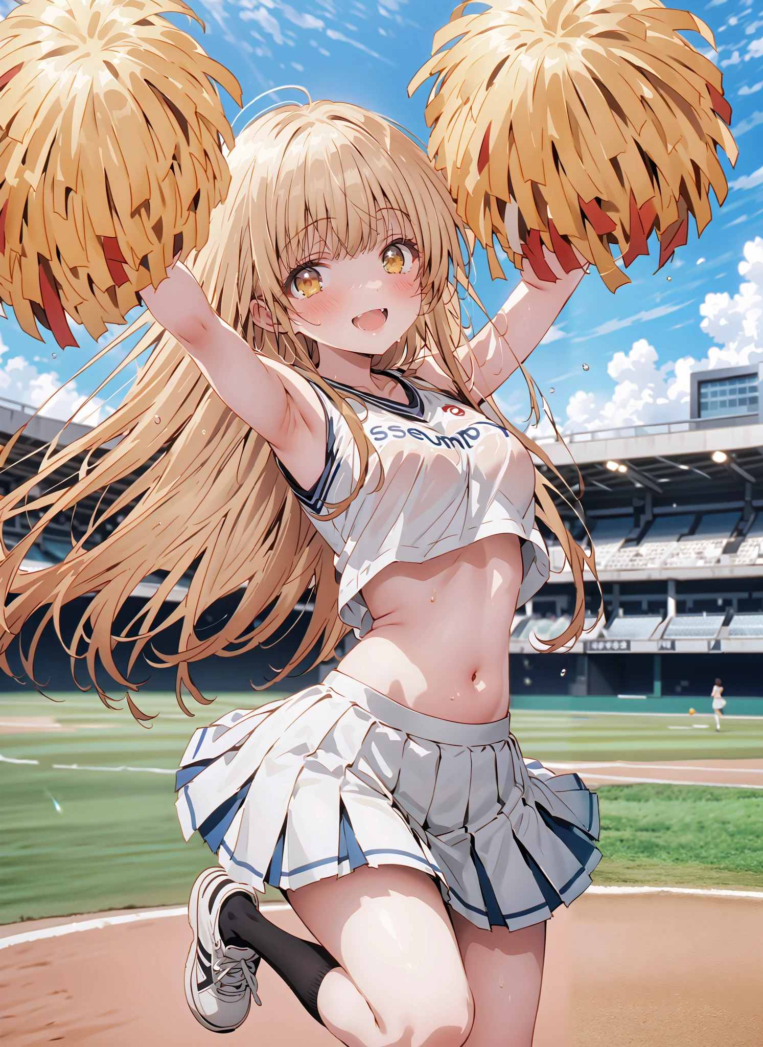 It's so dizzying, Mahiru Shiina, bungs, blonde hair, brown hair, yellow eyes,long hair,smile,blush,open your mouth,,(cheerleading), (full body), on chest, (semen), semen Wet Clothes, (white clothes),sleeveless, pleated skirt,black socks,sneakers,belly button sticking, playground, (jump), (jump),and raise both arms, 両足を曲げてjumpする, , blue sky, Compa, smile,cheerleader with radiant skin, Pom-pom \(cheerleading\) real hair ornaments,break looking at viewer,full body,
break outdoors,Stadium,
break (masterpiece:1.2),top quality , kampala, Unity 8K Wallpaper ,(shape:0.8),( fine, beautiful eyes :1.6),It's a person ,full body写真,CG Details , (perfect hands with full nudity,complete anatomy),