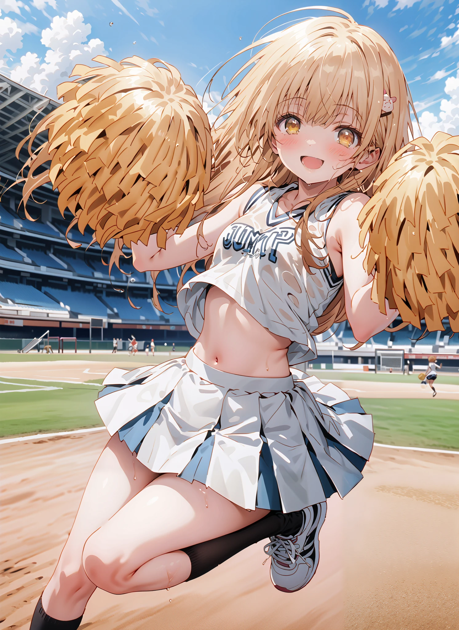 It's so dizzying, Mahiru Shiina, bungs, blonde hair, brown hair, yellow eyes,long hair,smile,blush,open your mouth,,(cheerleading), (full body), on chest, (semen), semen Wet Clothes, (white clothes),sleeveless, pleated skirt,black socks,sneakers,belly button sticking, playground, (jump), (jump),and raise both arms, 両足を曲げてjumpする, , blue sky, Compa, smile,cheerleader with radiant skin, Pom-pom \(cheerleading\) real hair ornaments,break looking at viewer,full body,
break outdoors,Stadium,
break (masterpiece:1.2),top quality , kampala, Unity 8K Wallpaper ,(shape:0.8),( fine, beautiful eyes :1.6),It's a person ,full body写真,CG Details , (perfect hands with full nudity,complete anatomy),
