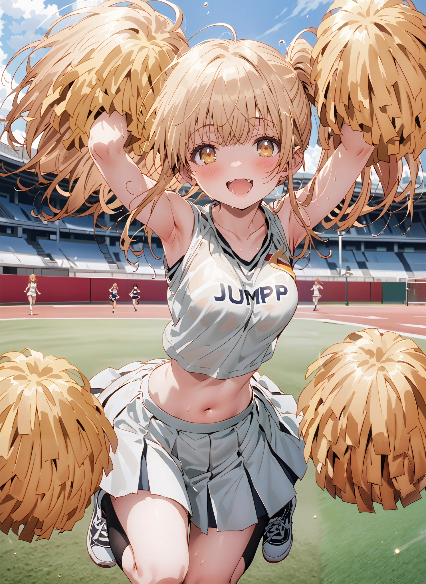 It's so dizzying, Mahiru Shiina, bungs, blonde hair, brown hair, yellow eyes,long hair,smile,blush,open your mouth,,(cheerleading), (full body), on chest, (semen), semen Wet Clothes, (white clothes),sleeveless, pleated skirt,black socks,sneakers,belly button sticking, playground, (jump), (jump),and raise both arms, 両足を曲げてjumpする, , blue sky, Compa, smile,cheerleader with radiant skin, Pom-pom \(cheerleading\) real hair ornaments,break looking at viewer,full body,
break outdoors,Stadium,
break (masterpiece:1.2),top quality , kampala, Unity 8K Wallpaper ,(shape:0.8),( fine, beautiful eyes :1.6),It's a person ,full body写真,CG Details , (perfect hands with full nudity,complete anatomy),