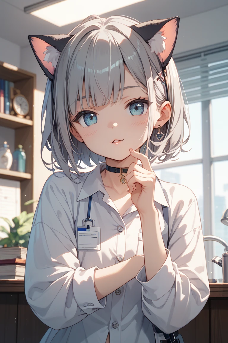 Display to the top of the head.one girl.独奏. It should be a bust-up (from chest up) with high resolution and detailed depiction. Please create an anime-style illustration of a young nurse aide. She has soft, wavy short hair in a silver color with a subtle pink-purple tint. Her eyes are large, expressive, and blue, with a gentle yet serious expression. She is wearing light blue or white scrubs with a name tag. She is standing in a brightly lit hospital corridor, with plants and medical equipment in the background. The lighting is soft, casting gentle shadows to enhance the atmosphere. She is smiling.Animal ears,