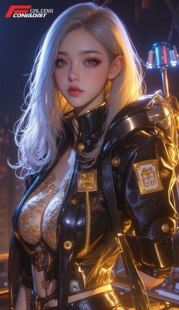 white  hair、long fluttering hair、strong breeze、Orange Eyes、radiant eyes、Steampunk Girl、Colossal tits、Face, Chest and thighs are raw、Cleavage is visible、tense look、photoRealstic、portfolio、Fine LED、Golden Metal Mecha Suit、Steampunk、metalic、Fine decoration、Beautiful relief、Collection of small parts、detailed mechanical components、Bundle of thin tubes、Metal cylinder、Detailed neon、Fine LED、Fine parts、gear wheel、meter、pressure gauge、steam