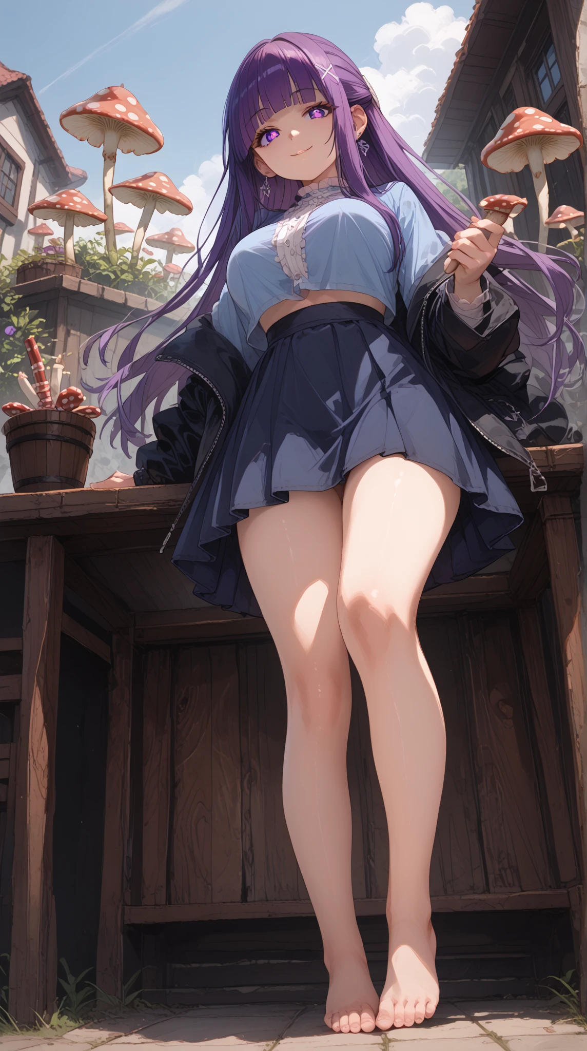 (((Pixel Perfect, Perfect detail))), One girl, alone, Fern, Long Hair, bangs, (Purple eyes:1.1), Purple Hair, Side Lock, blunt bangs, (Bright Eyes:1.5), Half Up, (I can see her panties:1.2), Outdoor, Sitting, whole body