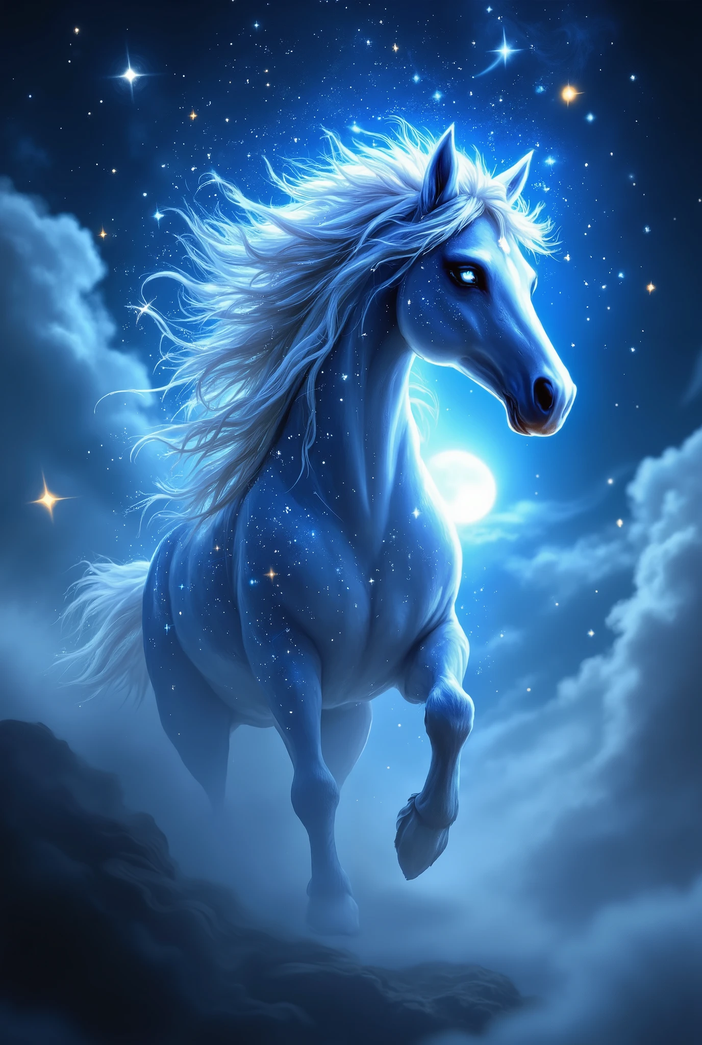 pinkfluxproultrafantasia, Beautiful style, fantasy style, imagination , incomprehensibility, unbridled, a horse, Gorgeous mane, stars, Night Fog, moonset , like the sea, Masterpiece , best quality, high quality, 8 k, maximum details, complex details, great , refined,