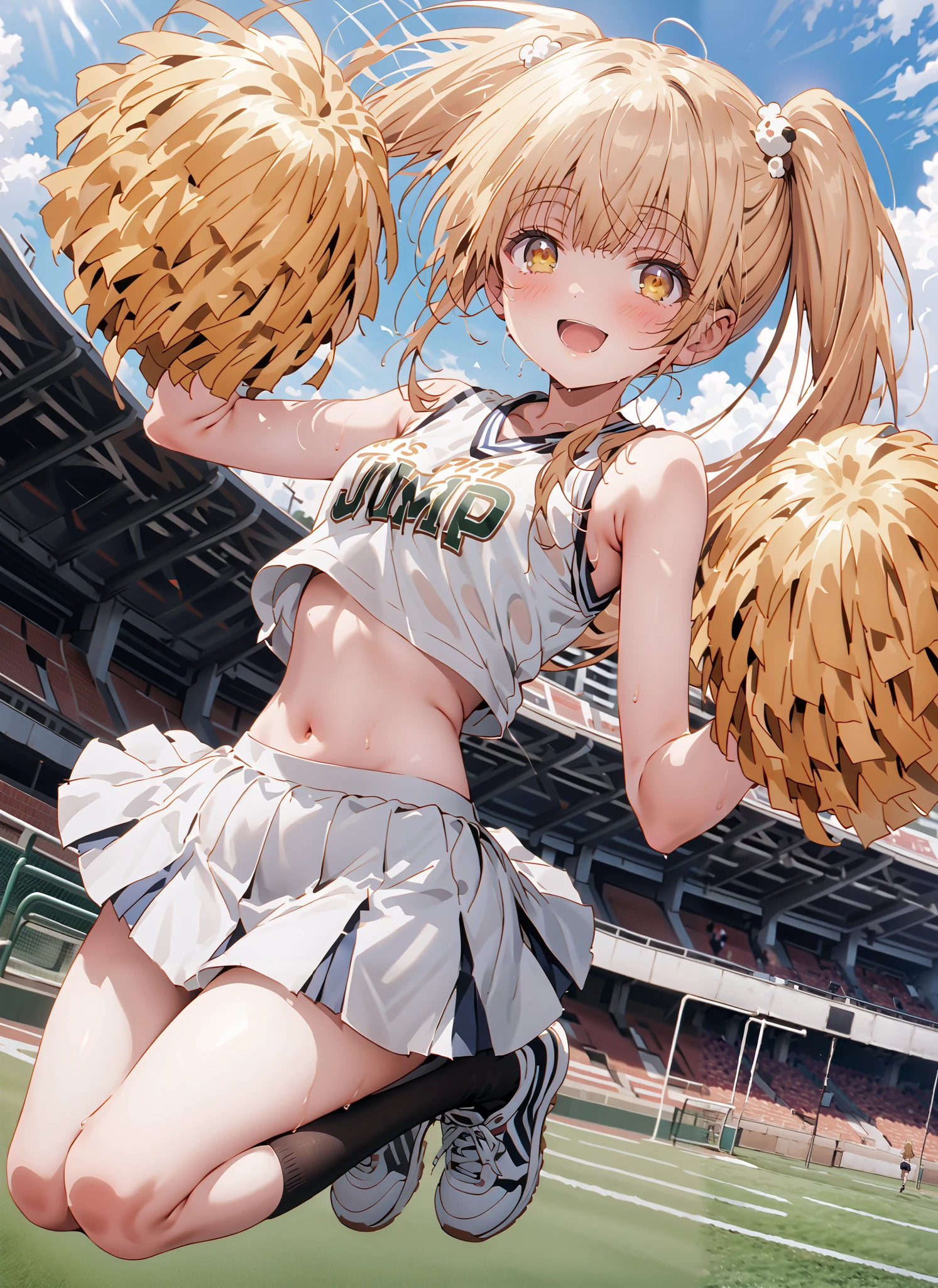 It's so dizzying, Mahiru Shiina, bungs, blonde hair, brown hair, yellow eyes,long hair,smile,blush,open your mouth,,(cheerleading), (full body), on chest, (semen), semen Wet Clothes, (white clothes),sleeveless, pleated skirt,black socks,sneakers,belly button sticking, playground, (jump), (jump),and raise both arms, 両足を曲げてjumpする, , blue sky, Compa, smile,cheerleader with radiant skin, Pom-pom \(cheerleading\) real hair ornaments,break looking at viewer,full body,
break outdoors,Stadium,
break (masterpiece:1.2),top quality , kampala, Unity 8K Wallpaper ,(shape:0.8),( fine, beautiful eyes :1.6),It's a person ,full body写真,CG Details , (perfect hands with full nudity,complete anatomy),