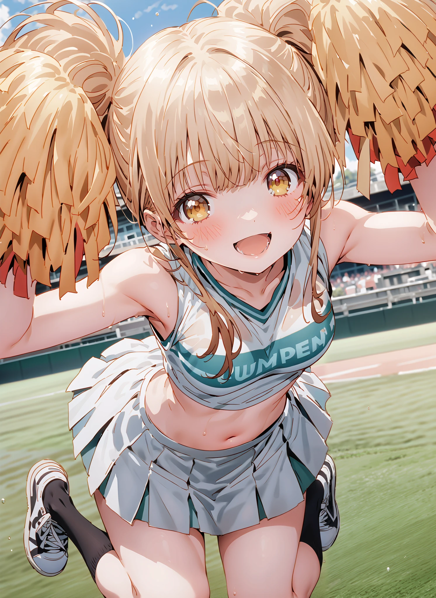It's so dizzying, Mahiru Shiina, bungs, blonde hair, brown hair, yellow eyes,long hair,smile,blush,open your mouth,,(cheerleading), (full body), on chest, (semen), semen Wet Clothes, (white clothes),sleeveless, pleated skirt,black socks,sneakers,belly button sticking, playground, (jump), (jump),and raise both arms, 両足を曲げてjumpする, , blue sky, Compa, smile,cheerleader with radiant skin, Pom-pom \(cheerleading\) real hair ornaments,break looking at viewer,full body,
break outdoors,Stadium,
break (masterpiece:1.2),top quality , kampala, Unity 8K Wallpaper ,(shape:0.8),( fine, beautiful eyes :1.6),It's a person ,full body写真,CG Details , (perfect hands with full nudity,complete anatomy),