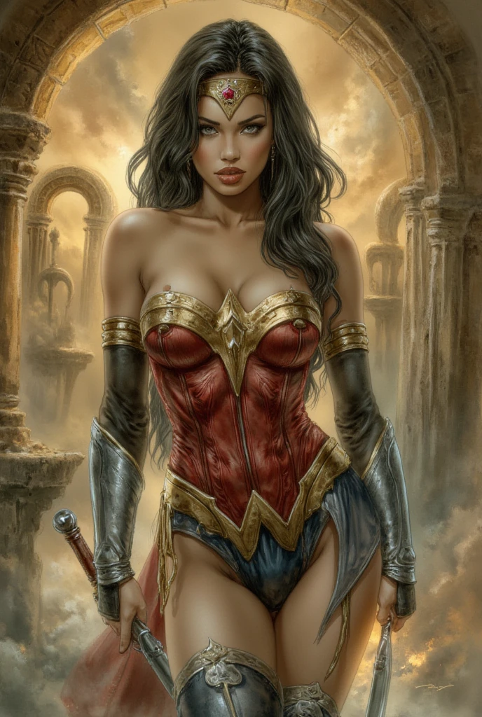 (masterpiece, top quality, best quality, official art, beautiful and aesthetic:1.2), (1girl:1.3), long and curly dark brown hair, extremely detailed, portrait, looking at viewer, solo, (full body:0.6), detailed background, close up, mischievous eyes, (warm summer castle theme:1.1), sorceress, charlatan, smirk, mysterious, walking in courtyard, revealing ((dark red)) sorcerer attire, red knee-length red skirt, off shoulder, straps, long sleeves, loose sleeves, cloak, corset, black leggings, black trousers, black pants, long brown boots, buckles, straps, pouches, magic energy, red fabric, white trim, ((((gigantic breasts, cleavage, skindentation)))), slim waist, slim hips, long legs, medieval (castle exterior:1.1) background, dark mysterious lighting, shadows, magical atmosphere, dutch angle