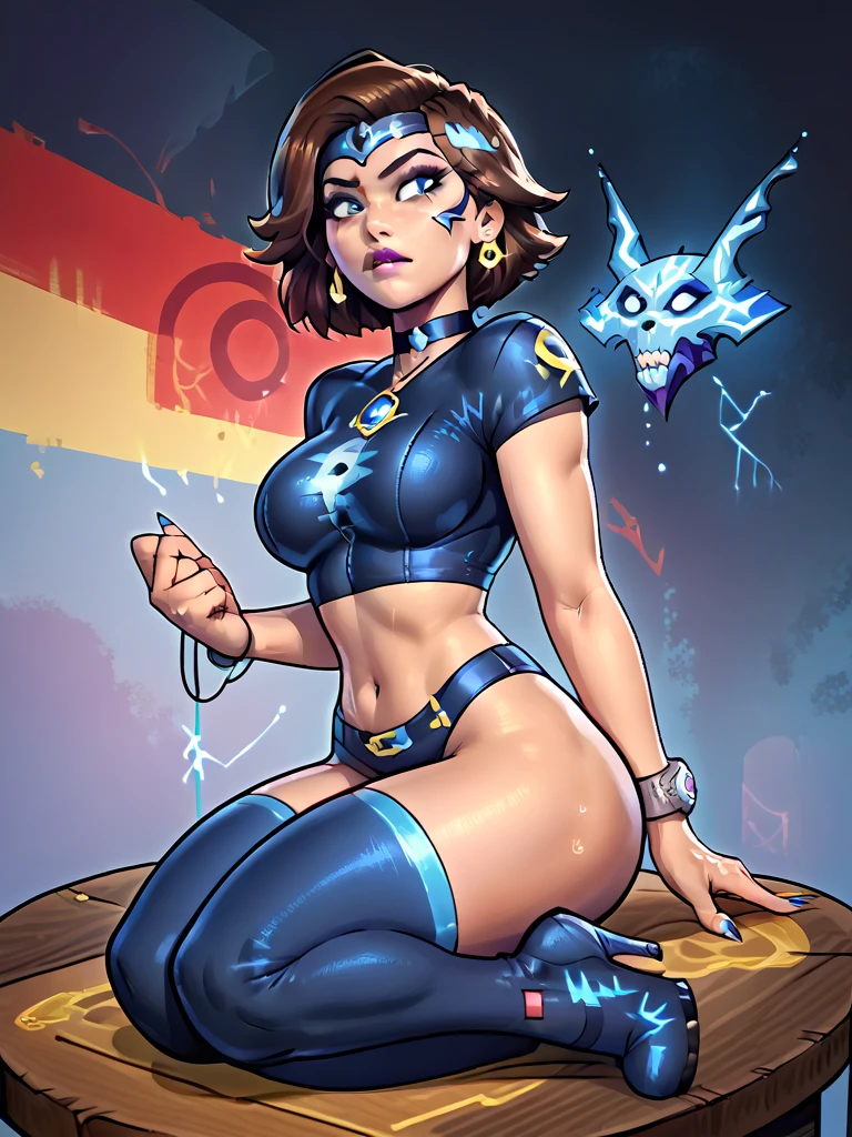 (high quality, best rendering), (beautiful girl), Blue Eyes,black hair, (bombshell, pin-up style), psychopath, crazy face, sexy pose, 2 piece outfit, pastel, centered, scale to fit dimensions, micro thong, micro bikini, camel toe